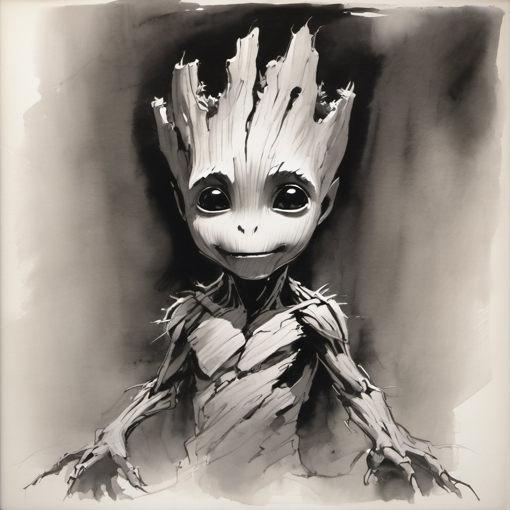 sketch, monochrome, Marvel Young Groot, looking at the viewer ,