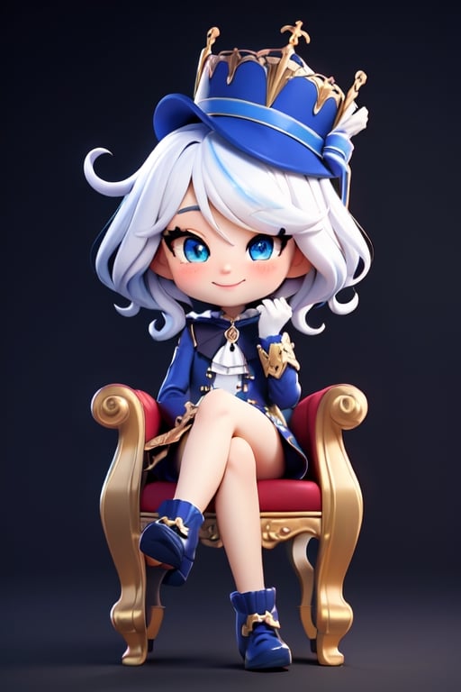 furina, chibi, hat, smug smile, little girl, orb, brooch, long dresssitting, long hair, crossed leg, looking at viewer, blush, smile, short hair, twintails, squid hairstyle, heterochromia, left sky blue eye, right royal blue eye, golden throne, blue footwear, high details, opera background