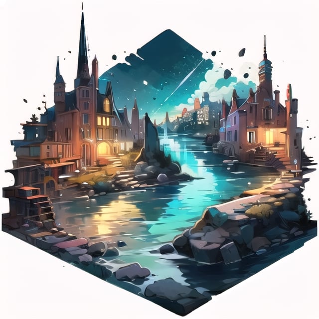 City during night, extremely detailed, dynamic lighting, sources of water, river, transparent fake sky, white background, intricate, diorama, isometric style, EpicArt