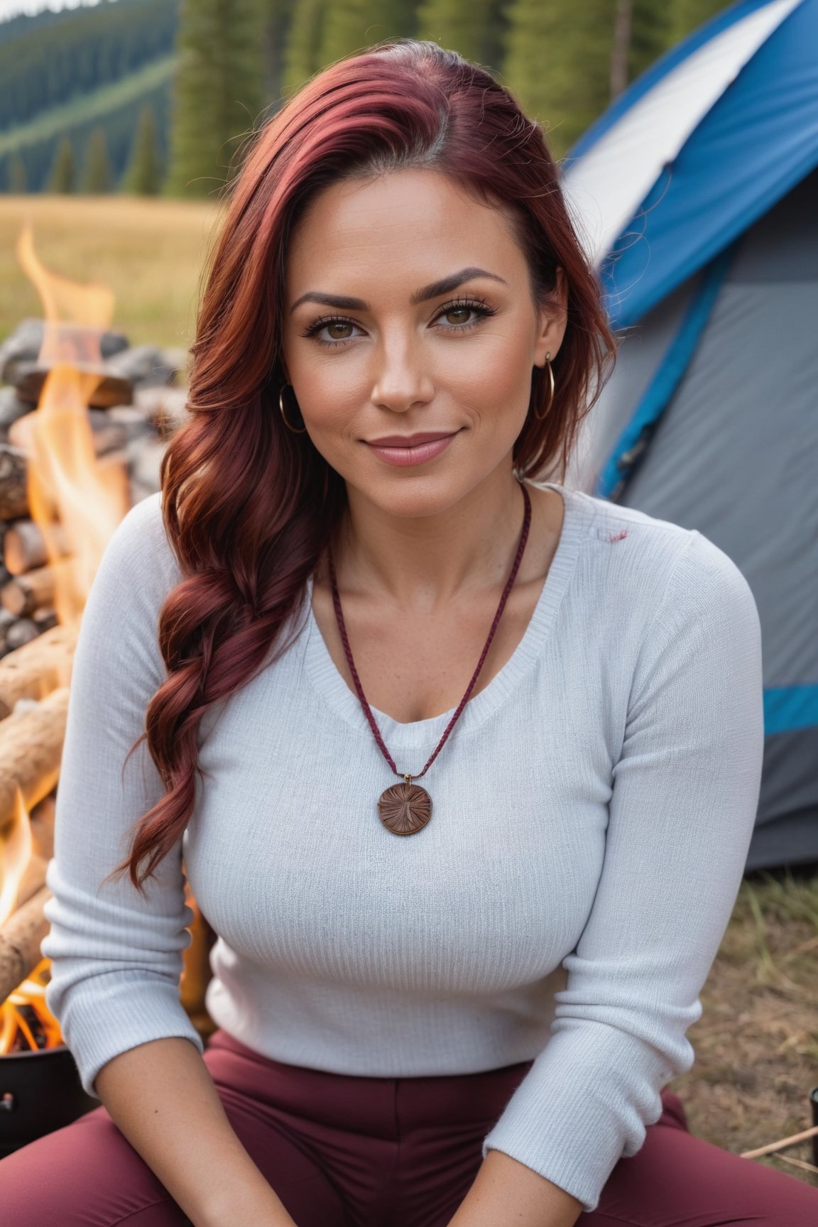 full-body shot of a gorgeous (((40 year old MILF))), with (((very big natural (sagging:1.4) Breasts))), with burgundy colored braided hair, (((wearing sexy tight outdoor clothes, see nipples thru shirt))), (((sitting near a campfire with a tent in background))), ((holing a cup of coffee)), (((flirty sensual smile direct to the camera))),  (((smokey eyes makeup))), (sunny day at scandinavian lake area), (((1girl))), beautiful, detailed face, shot on Canon EOS R5 F1.2 ISO100 35MM,Realism,Extremely Realistic,realistic,Leonardo style 