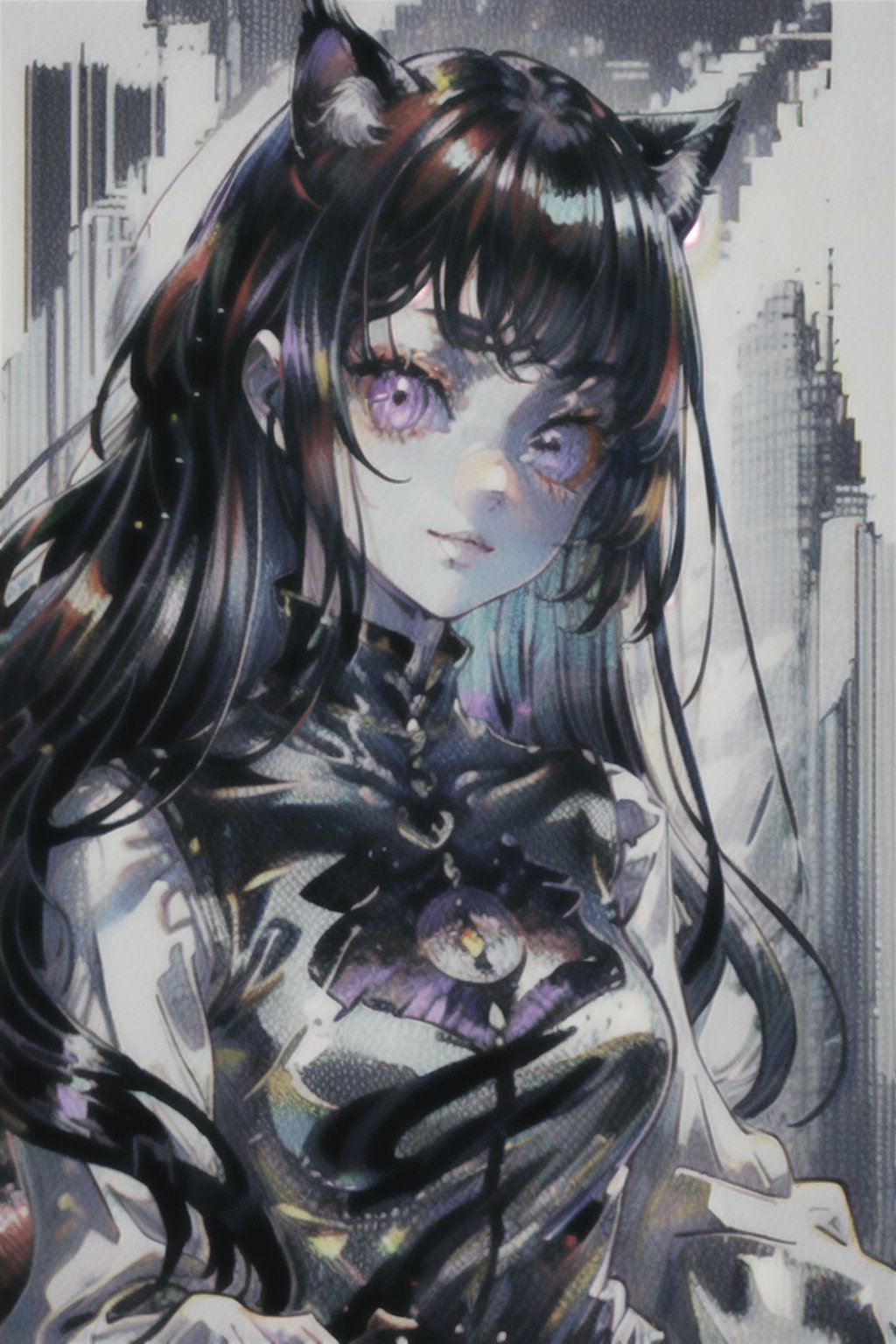 (masterpiece), (best quality), highres, highly detailed, lineart, line_art, black_and_white, coloring_book, 1 girl cat with stunning purple eyes (with shiny eyes), long hair, smiling, long sleeves, gorgeous short dress, A breathtaking masterpiece unfolds as a cat girl with stunning red eyes (with shiny eyes)