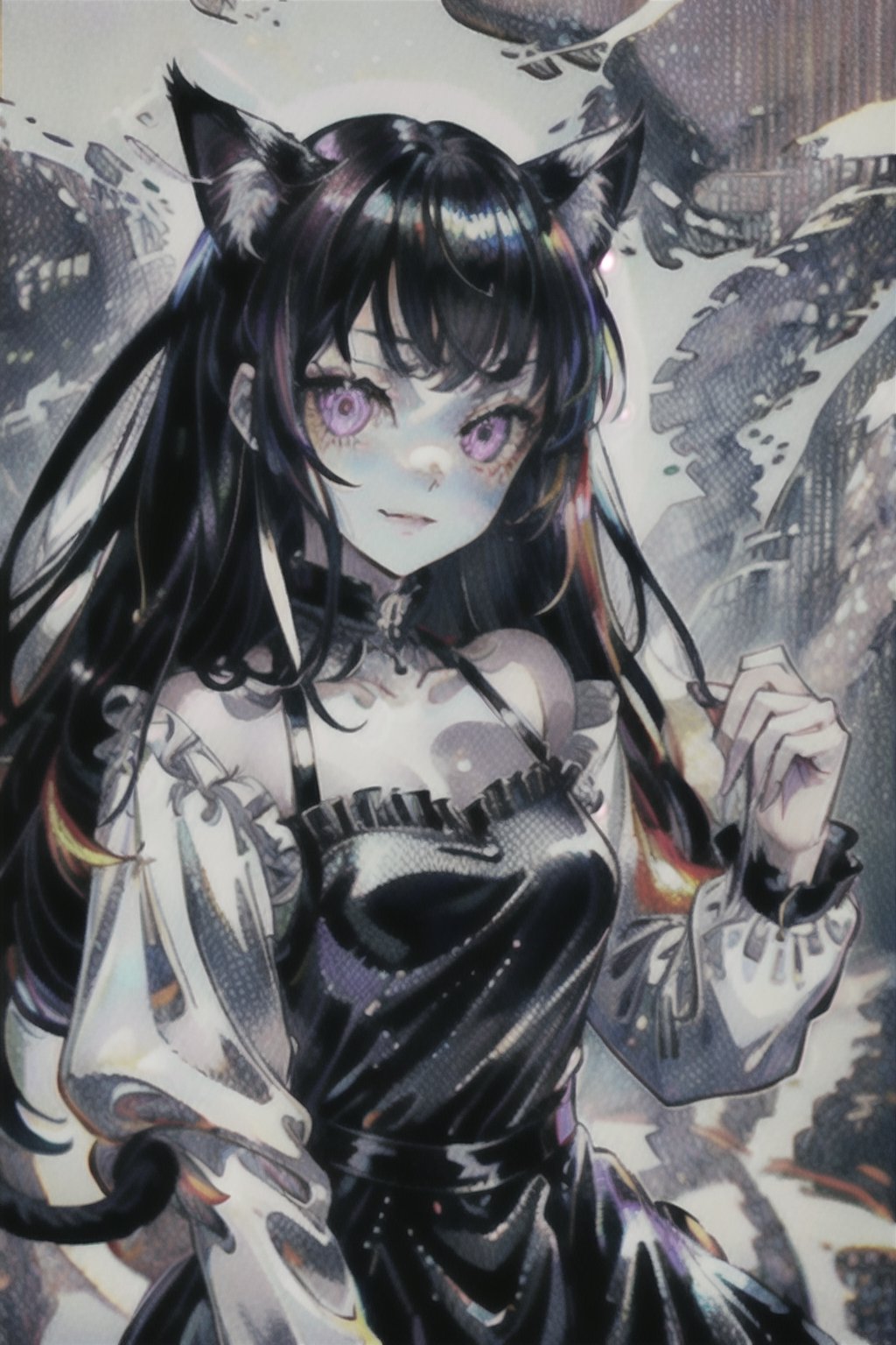 (masterpiece), (best quality), highres, highly detailed, lineart, line_art, black_and_white, coloring_book, 1 girl cat with stunning purple eyes (with shiny eyes), long hair, smiling, long sleeves, gorgeous short dress, A breathtaking masterpiece unfolds as a cat girl with stunning red eyes (with shiny eyes)