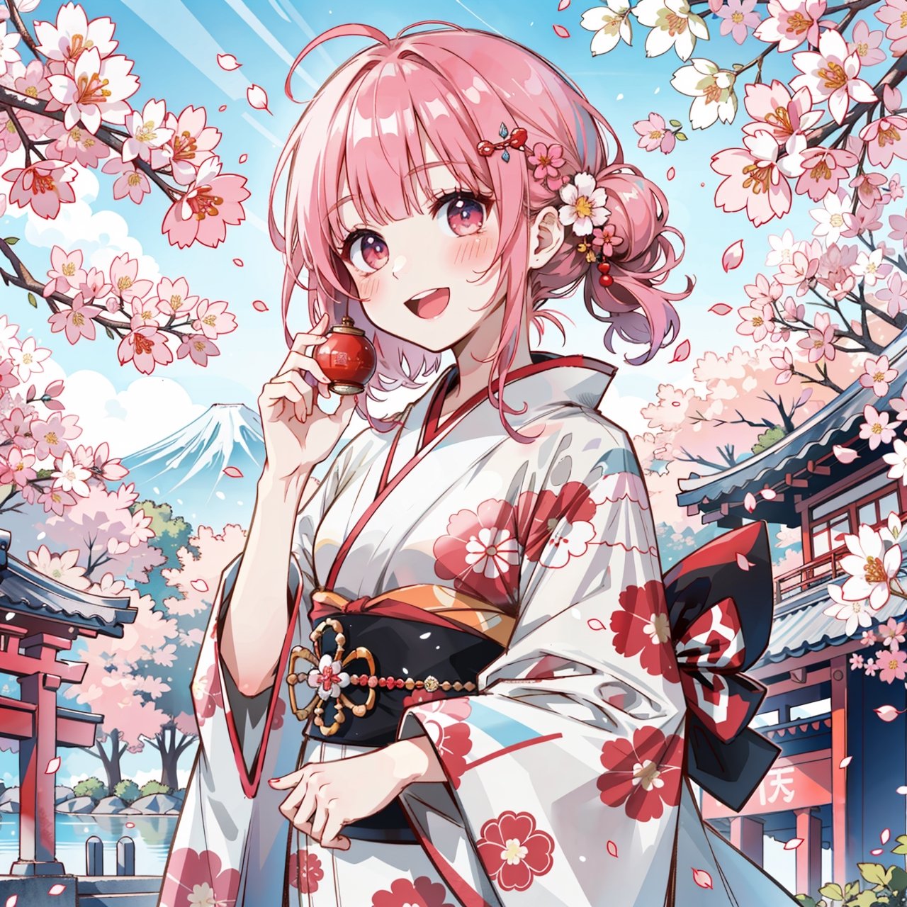 (masterpiece,  best quality,  highres:1.3), ultra resolution image,  (1girl),  (solo),  kawaii, kimono girl, red, (sweet charm:1.4),  Falling into the Japanese world, Tokyo Tower, Mount Fuji, science fiction, dreamy, joy, Torii, Sensoji Temple, nine-tailed fox, Lots of cherry blossoms, best quality,  scenery,  nature,  sunlight,  dappled sunlight,  light particles,  blush,  open mouth,  smile,