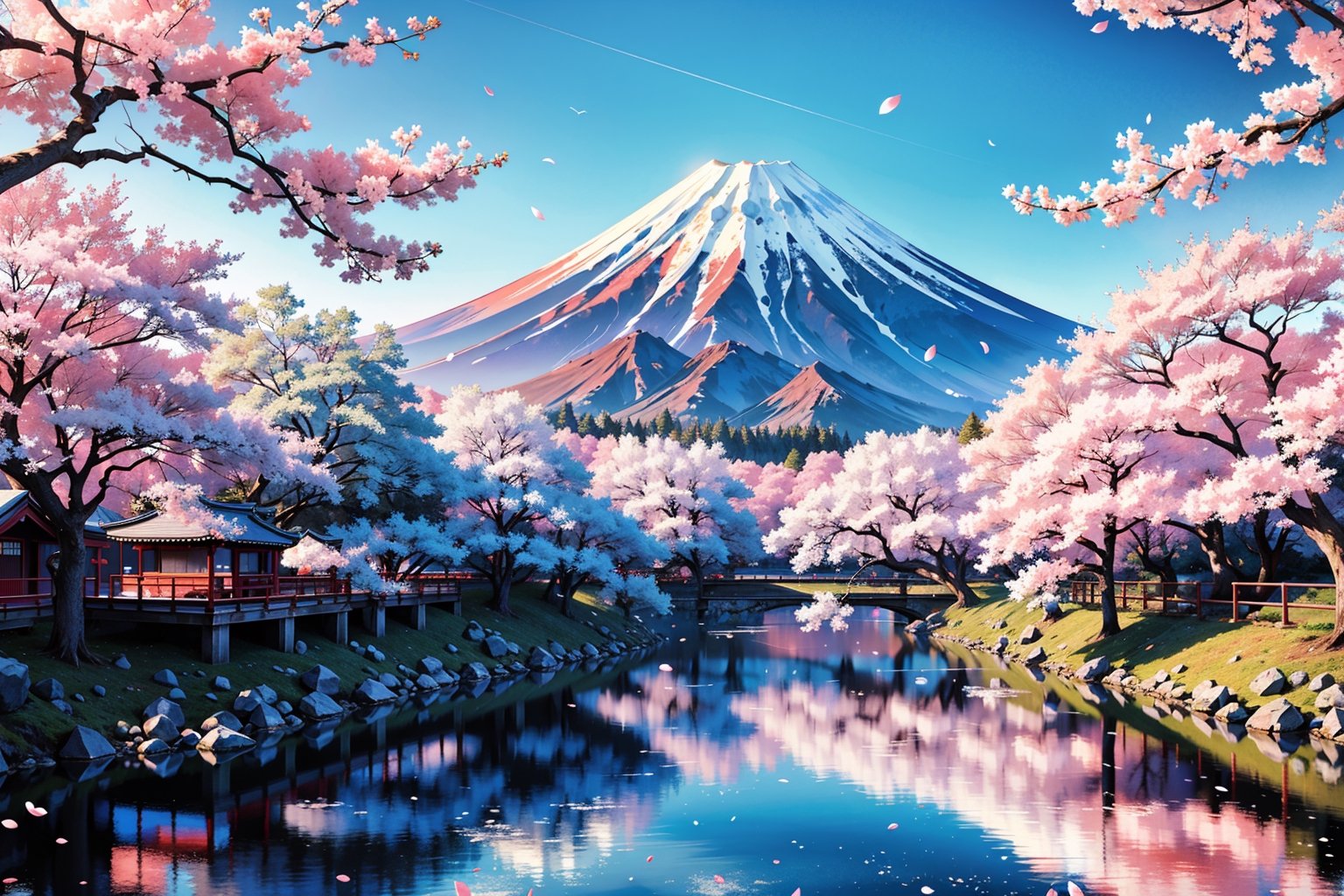 (masterpiece,  best quality,  highres:1.3), Scenery, blue skies, Japan, abundant cherry blossoms, Mount Fuji is the focus, Japanese style, joy, best quality,  scenery,  nature,  sunlight,  dappled sunlight,  light particles