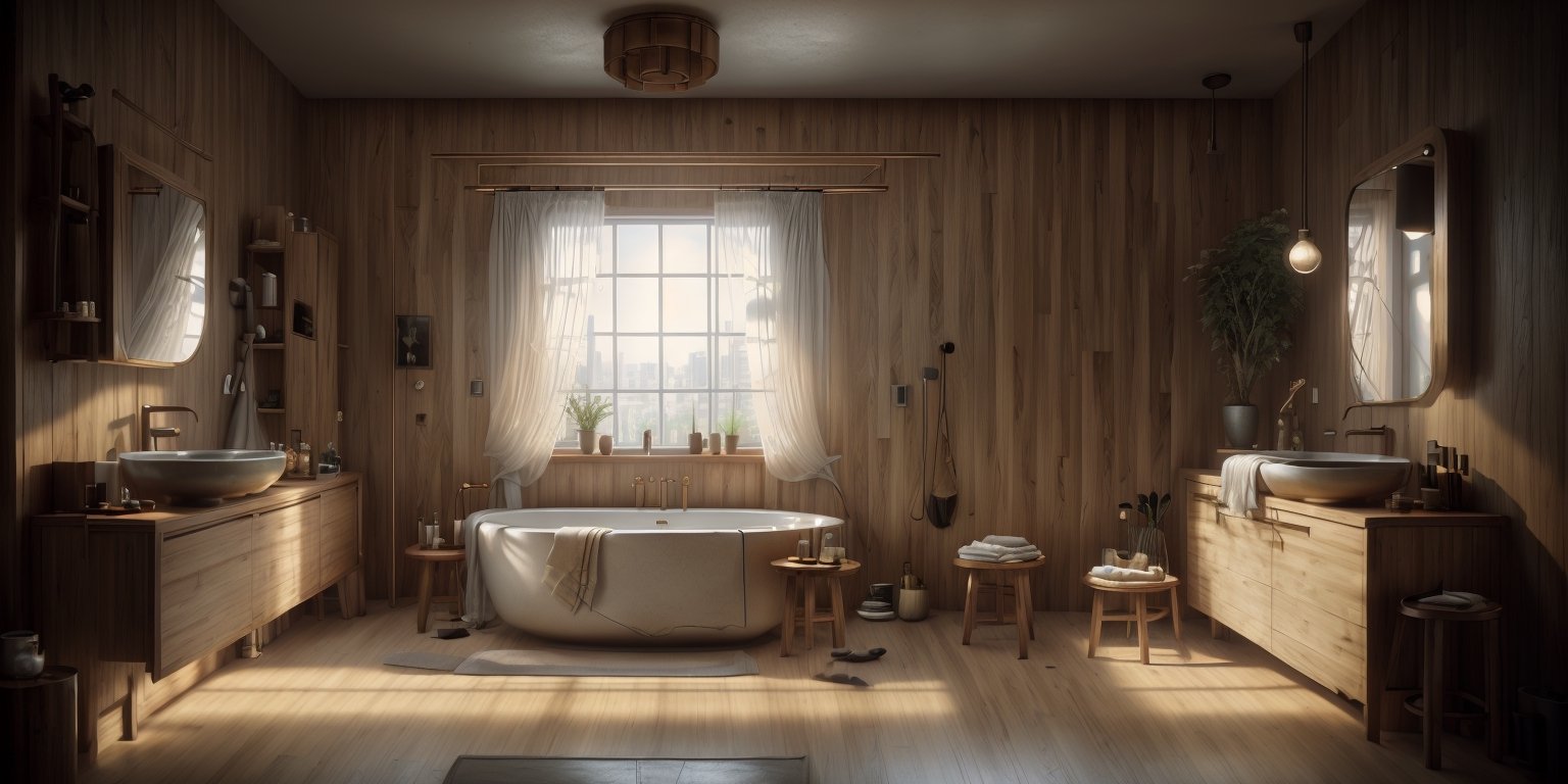 High quality, 4k,minimalism,wabi sabi bathroom,Shower curtain, shower curtain liner, place an absorbent bathroom mat on the floor in front of the shower, towels, toilet paper, toilet paper holder, hand soap dispenser, shower stall, toilet, sink and faucet, noir realistic, bioshock screenshot, ray tracing, unreal engine 5, vibrant colors, wide shot, studio quality, star citizen, render in profile, johannes vermeer, made of natural materials: bamboo boxes, wicker baskets, jute rugs, etc. Choose your floor and wall coverings carefully: the best Choose noble materials, otherwise give priority to dark and matte elements, take care of the light: choose natural or flexible lighting, and do not hesitate to make recycling: both materials and furniture, faucets should be chosen: because of their clean design or their age Materials such as copper or brass, a simple matte black painted concrete wall, a charred wood stool and a wooden stick for a natural and wabi-sabi look,rutkowski and alphonse mucha, plasma rays, intricate detail, sharp focus, smooth, epic composition, 8 k,photographer, fantasy art, fox ranger, digital painting, artstation, concept art, smooth, sharp focus, illustration, art by artgerm and greg rutkowski and alphonse mucha,photographer, falling through the sky, Pixar style, by Tristan Eaton Stanley Artgerm and Tom  digital painting, artstation, concept art, smooth, sharp focus, illustration, art by artgerm and greg rutkowski and alphonse mucha