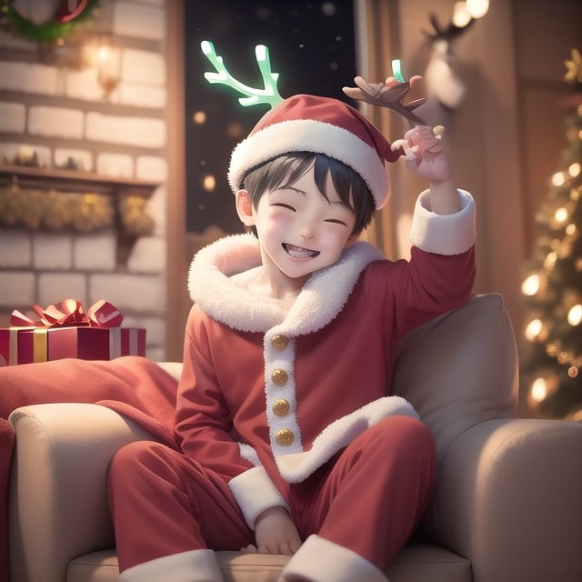 masterpiece best quality, 
solo, 1 cute boy, present to santa, reindeer, happy smile, 
christmas, in the livingroom, at midnight