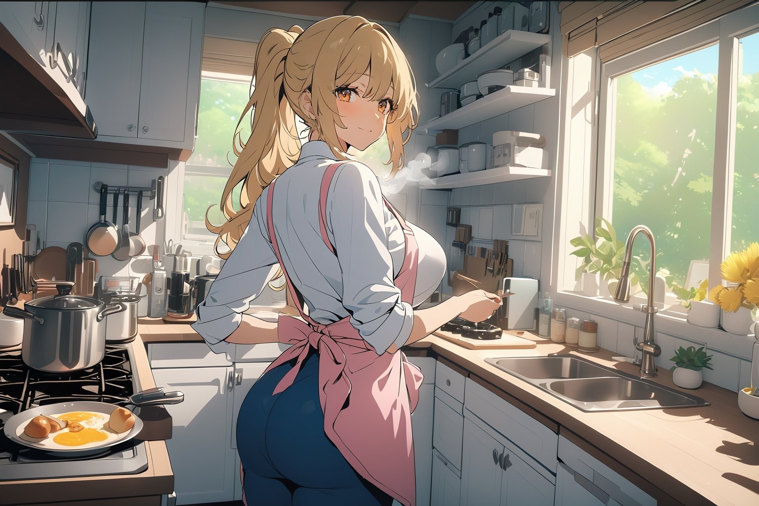 ((masterpiece, best quality, highres, 8k CG unity)), extremely detailed illustration, perfect face, [anime_screencap], looking at viewer, 1girl, blond hair, long hair, ponytail, bangs, white shirt, pink apron, blue pants, yellow eyes,  heart shaped butts, big breasts, curvy hips, viewed_from_behind, slight smile, ((kitchen)), cooking, breakfast, stove, cups and dishes rack, oven, high contrast, vibrant, scenary, uhd, enchanting beauty, by masashi kishimoto and makoto shinkai, serenity, (beautiful eyes detailed), white smoke from cooking  