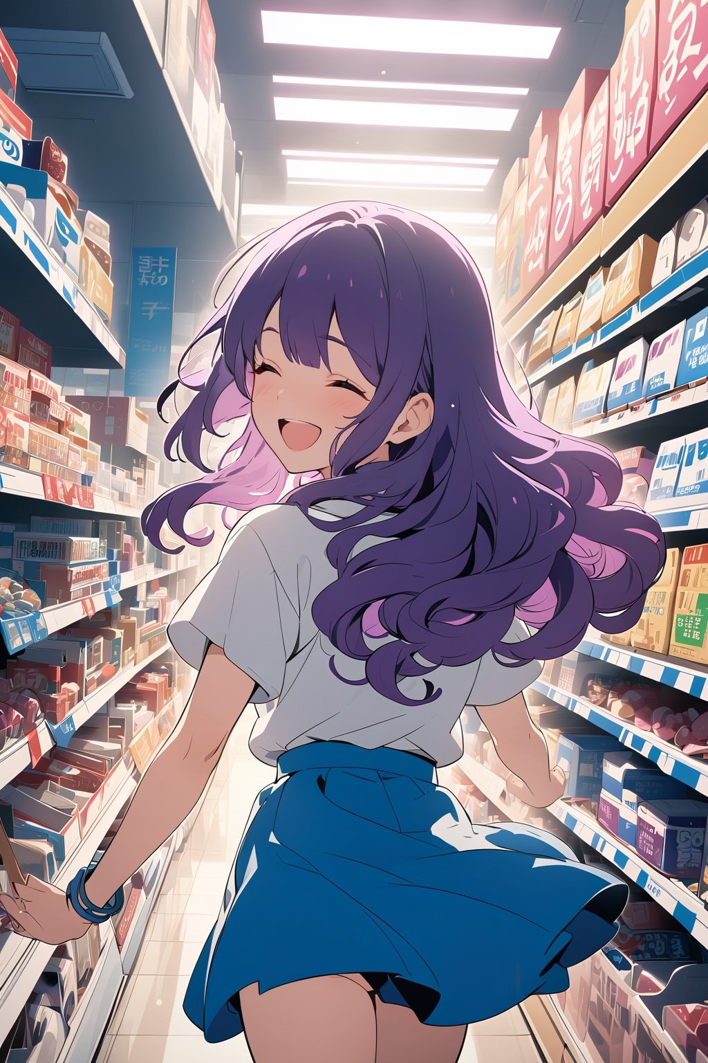 ((masterpiece, best quality, highres, 8k CG unity)), extremely detailed illustration, perfect face, [anime_screencap], niji6, looking at viewer, 1girl, purple hair, long curly hair, bangs, white shirt, blue skirt, chibi, running posture, closed eyes, open mouth, smiling, laughing, ((convenience store)), viewed_from_behind, ceilling light, shelves full of candy, shiny and clean floor, bokeh, cinematic, high contrast, vibrant, scenary, uhd, enchanting beauty, by masashi kishimoto and makoto shinkai, serenity 