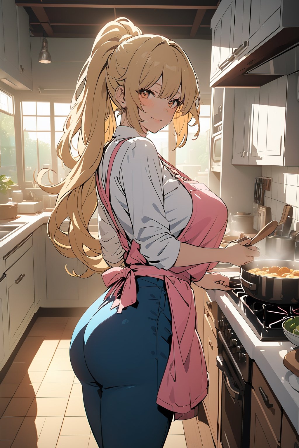 ((masterpiece, best quality, highres, 8k CG unity)), extremely detailed illustration, perfect face, [anime_screencap], looking at viewer, 1girl, blond hair, long hair, ponytail, bangs, white shirt, pink apron, blue pants, yellow eyes,  heart shaped butts, big breasts, curvy hips, viewed_from_behind, slight smile, ((kitchen)), cooking, breakfast, stove, cups and dishes rack, oven, high contrast, vibrant, scenary, uhd, enchanting beauty, by masashi kishimoto, serenity, (beautiful eyes detailed), white smoke,  