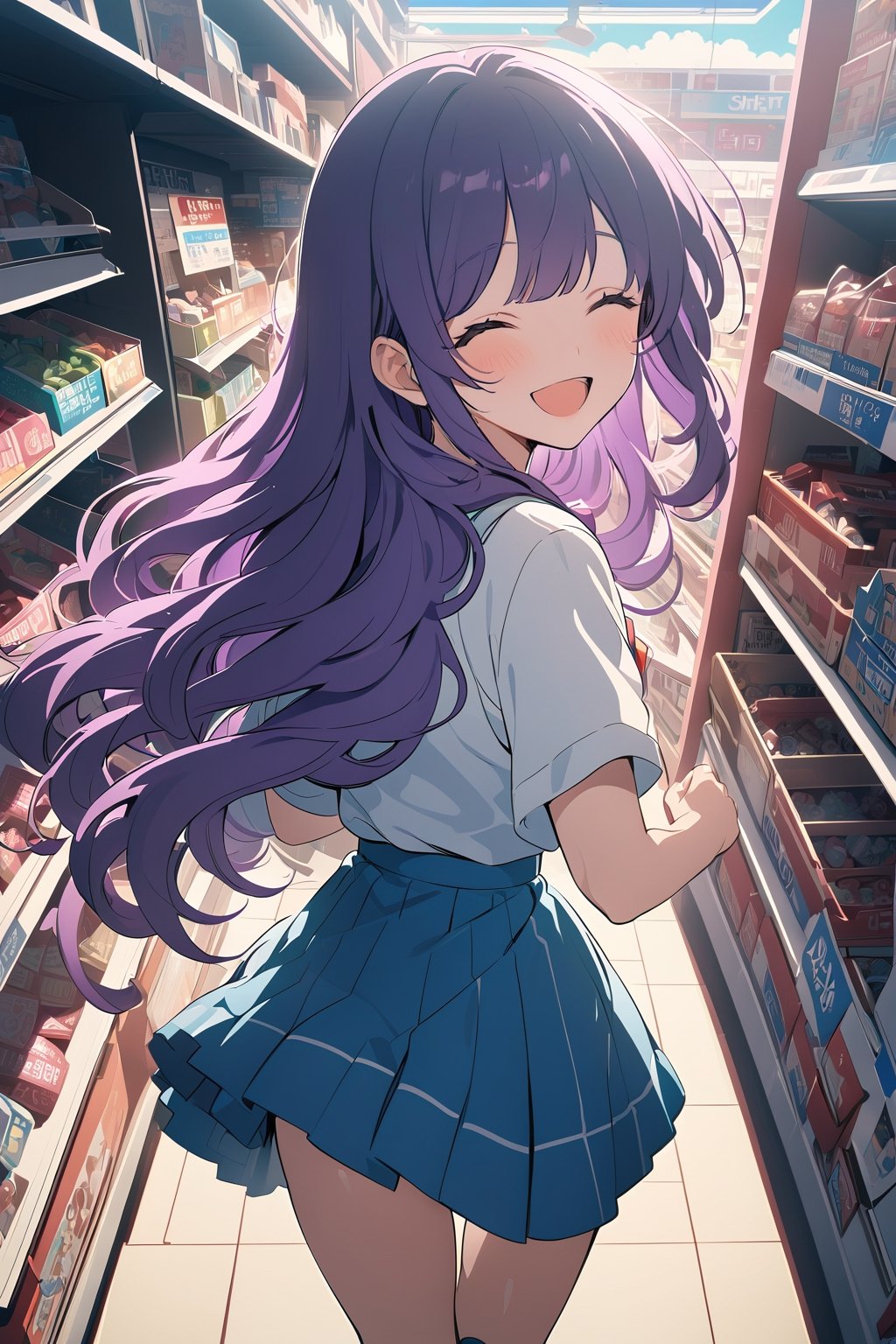 ((masterpiece, best quality, highres, 8k CG unity)), extremely detailed illustration, perfect face, [anime_screencap], niji6, [from above], looking at viewer, 1girl, purple hair, long curly hair, bangs, white shirt, blue skirt, chibi, running away, closed eyes, open mouth, smiling, laughing, ((convenience store)), ((viewed_from_behind:1.5)), ceilling light, shelves full of candy, shiny and clean floor, bokeh, cinematic, high contrast, vibrant, scenary, uhd, enchanting beauty, by masashi kishimoto and makoto shinkai, serenity 