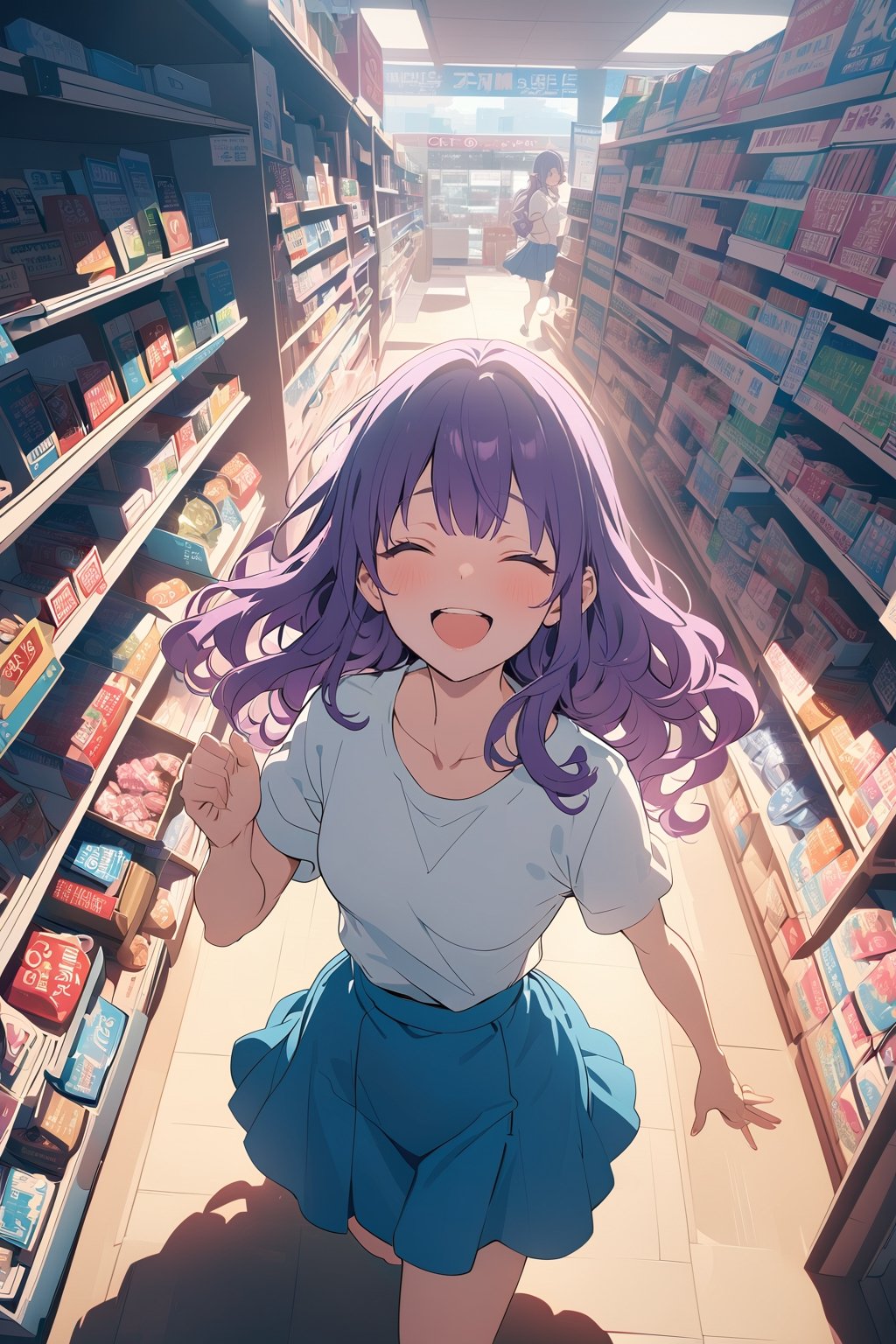 ((masterpiece, best quality, highres, 8k CG unity)), extremely detailed illustration, perfect face, [anime_screencap], niji6, [from above], looking at viewer, 1girl, purple hair, long curly hair, bangs, white shirt, blue skirt, chibi, running posture, closed eyes, open mouth, smiling, laughing, ((convenience store)), ((viewed_from_behind:1.3)), ceilling light, shelves full of candy, shiny and clean floor, bokeh, cinematic, high contrast, vibrant, scenary, uhd, enchanting beauty, by masashi kishimoto and makoto shinkai, serenity 