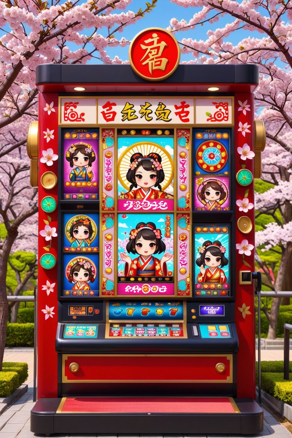 Japanese cultural dance-inspired transition screen in a cartoon-style aesthetic, bursting with vibrant colors, playful animations, and charming graphics related to the theme of the slot machine game. Cartoon characters dressed in traditional Japanese attire perform lively dance moves, surrounded by swirling patterns of cherry blossoms and whimsical motifs. As the dance unfolds, cartoon icons representing bonus features or special symbols pop up, adding a sense of anticipation and fun for players. The transition exudes the charm and energy of Japanese culture in a playful and captivating manner, enhancing the gaming experience with its delightful animation and design.