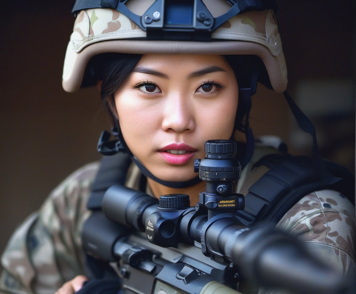  Portrait of Asian Javanese woman special force soldier, shoot with Canon 100mm, F11, best quality, ultra high res, Highly detailed, face detailed, all detailed, detailed finger,
((deep backgound is attack)) (malvinas camouflage)
(smirk:1.1), short hair, light armor, beautiful detailed eyes,serious expression,face highlight, detailed face,
Broad lighting,Aperture-priority,Bokeh,
(holding weapon, aiming at viewer, assault rifle,left view), m4_carbine, carbine, open fire, firing,((tactical magazine:1.2)), tactical barrel, Lancer Tactical 2x optic scope,((tactical silencer:1.2)),(tactical shoulder stock),(tactical gun stock),:1.2,
looking at viewer,cinematic lighting, depth of field, lens flare, photon mapping, radiosity, physically-based rendering, pale skin,
she has some dust dirt on skin and clothes, parts,Hand guard, Shoulder brace,Elbow guard, Wristlet,Leggings,tactics trousers,tactics watch,photo realistic