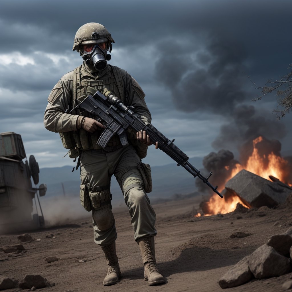 Modern Soldier of a ger with a gas mask (running on the battlefield), craters, corpses, explosions, (red and white flag), artillery, explosions, smoke, dirt, dark skies, Frostbite,Barbed wire, Dank, Stench of decay,Acrid taste,Screams, Discordant, Numbness,Disillusionment, Radial balance, Triadic, in the style of dark, ultra detailed, intricate, surrealism