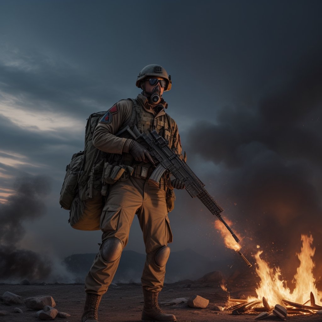 Portrait of single Modern Soldier of a ger with a gas mask (running on the fire battlefield), (carrying a modern assault rifle M4A1)craters, corpses, explosions, (red and white flag), artillery, explosions, smoke, dirt, dark skies, Frostbite,Barbed wire, Dank, Stench of decay,Acrid taste,Screams, Discordant, Numbness,Disillusionment, Radial balance, Triadic, in the style of dark, ultra detailed, intricate, surrealism
