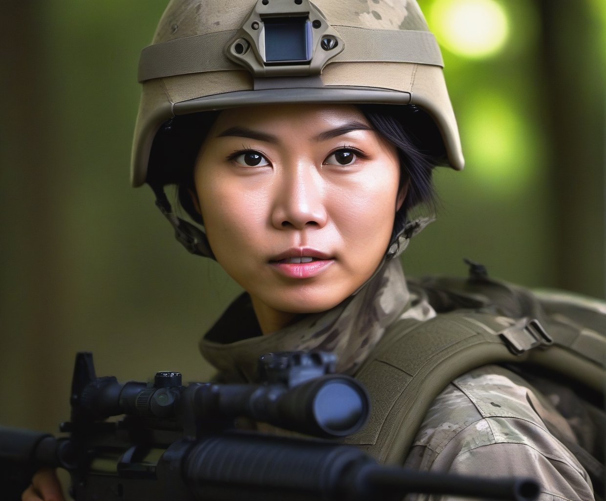  Portrait of Asian Javanese woman special force soldier, shoot with Canon 100mm, F11, best quality, ultra high res, Highly detailed, face detailed, all detailed, detailed finger,
((deep backgound is attack)) (rusian camouflage)
(smirk:1.1), short hair, light armor, beautiful detailed eyes,serious expression,face highlight, detailed face,
Broad lighting,Aperture-priority,Bokeh,
(holding weapon, aiming at viewer, assault rifle,left view), m4_carbine, carbine, open fire, firing,((tactical magazine:1.2)), tactical barrel, Lancer Tactical 2x optic scope,((tactical silencer:1.2)),(tactical shoulder stock),(tactical gun stock),:1.2,
looking at viewer,cinematic lighting, depth of field, lens flare, photon mapping, radiosity, physically-based rendering, pale skin,
she has some dust dirt on skin and clothes, parts,Hand guard, Shoulder brace,Elbow guard, Wristlet,Leggings,tactics trousers,tactics watch,photo realistic,aw0k euphoric style,Movie Still