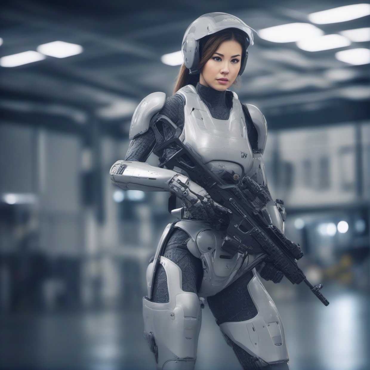 sci-fi,8k, best quality, ultra high res, Highly detailed,
special force rogue leigon warrior girl, 165cm height, 50KG weight,
((deep backgound is attack helicopter, helicopter gunship, aircraft YF-23, aircraft F-15, airport maintenance personnel, aircraft hangar, airport, airplane, fighter, pilots)):1.5,
((she is staying with military robotics, metal artillery shell, bullets, flash bomb, shock bomb, artillery, Ammunition Depot)):1.5,
(smirk:1.1), short hair, gray camouflageite hood, gray camouflageite cloak, light armor,
big hazel eyes, beautiful detailed eyes,serious expression,face highlight, detailed face,
Broad lighting,Aperture-priority,Bokeh,,
(holding weapon, aiming at viewer, assault rifle,left view), m4_carbine, carbine, open fire, firing,((tactical magazine:1.2)), tactical barrel, Lancer Tactical 2x optic scope,((tactical silencer:1.2)),(tactical shoulder stock),(tactical gun stock),
((military car, HUMVEE, military robotic and metal parts)):1.2,
looking at viewer,cinematic lighting, depth of field, lens flare, photon mapping, radiosity, physically-based rendering, pale skin,
she has some dust dirt on skin and clothes, cyborg, robotic parts,Hand guard, Shoulder brace,Elbow guard, Wristlet,Leggings,tactics trousers,tactics watch,photo r3al