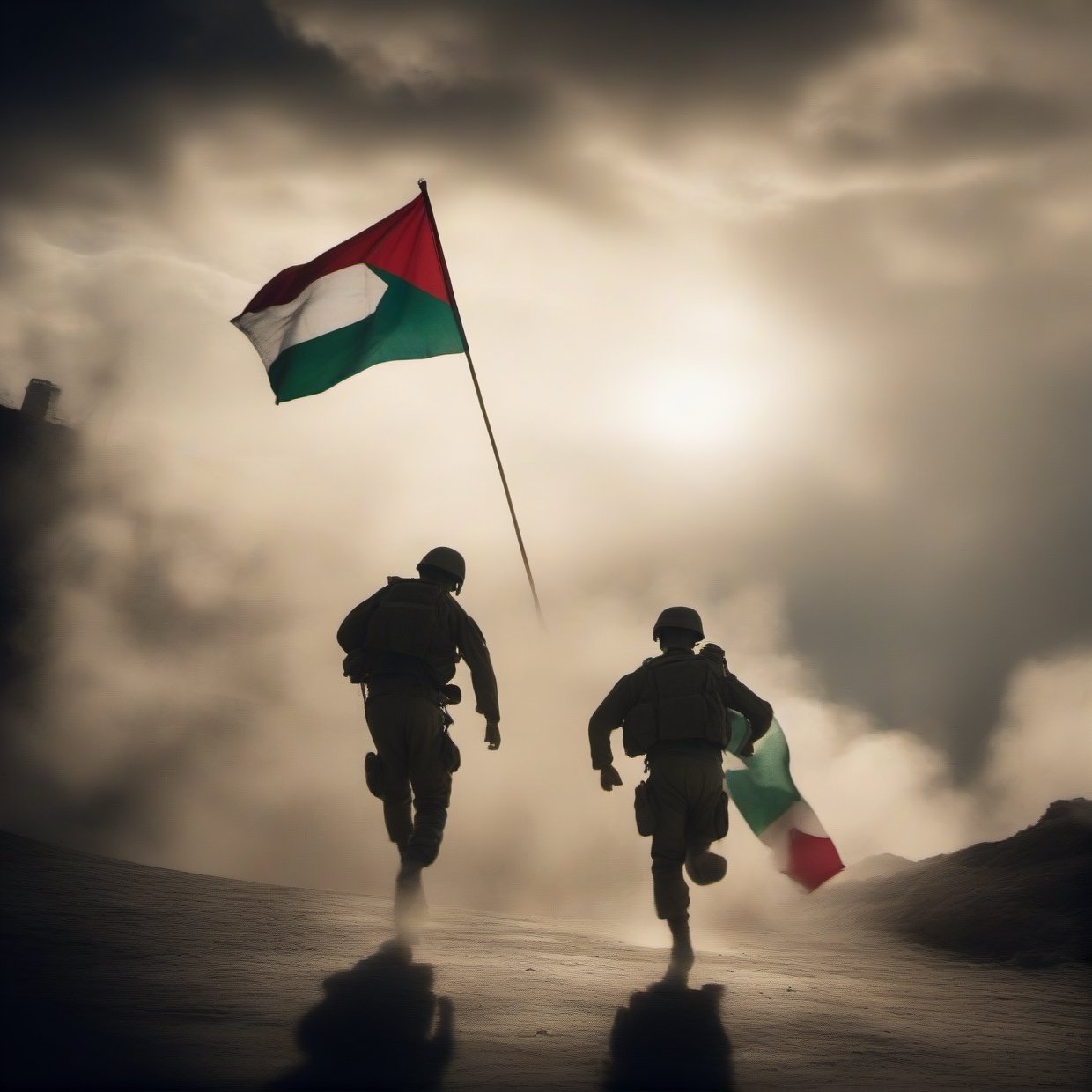 A dramatic  of tconflict between Palestine and Israel, (Palestine flag), hammas Soldier,focusing on the hope for peace amidst tensions. Depict key elements such as clashes, diplomatic obstacles, and symbols of peace in a powerful, conflict-atmospheric composition.,Movie Still,photo r3al