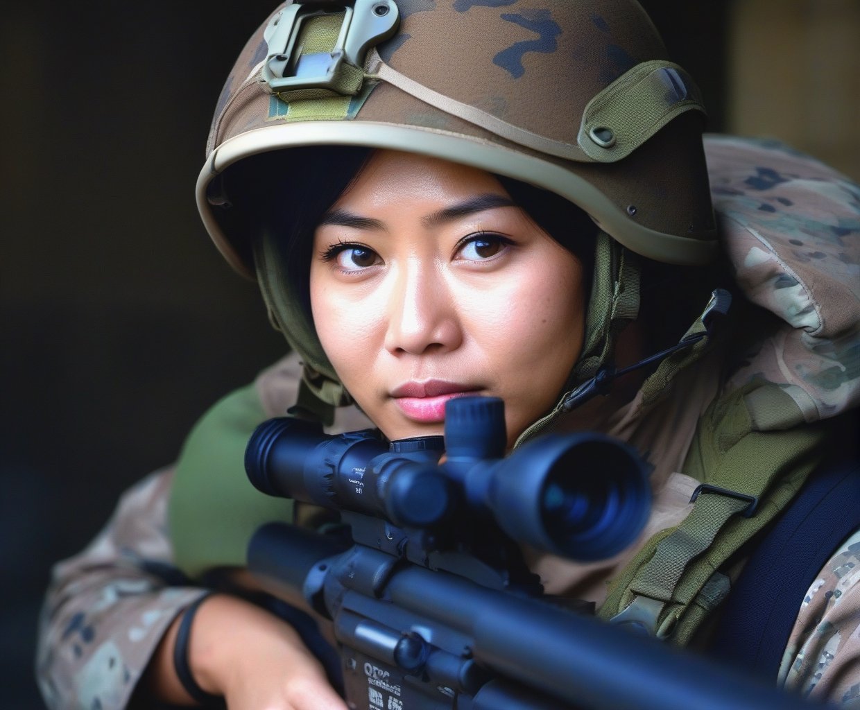  Portrait of Asian Javanese woman special force soldier, shoot with Canon 100mm, F11, best quality, ultra high res, Highly detailed, face detailed, all detailed, detailed finger,
((deep backgound is attack helicopter, helicopter gunship, aircraft hangar, airport, airplane, fighter, pilots)):1.5, (Spetsnaz camouflage)
(smirk:1.1), short hair, gray camouflageite hood, gray camouflageite cloak, light armor,
big hazel eyes, beautiful detailed eyes,serious expression,face highlight, detailed face,
Broad lighting,Aperture-priority,Bokeh,,
(holding weapon, aiming at viewer, assault rifle,left view), m4_carbine, carbine, open fire, firing,((tactical magazine:1.2)), tactical barrel, Lancer Tactical 2x optic scope,((tactical silencer:1.2)),(tactical shoulder stock),(tactical gun stock),:1.2,
looking at viewer,cinematic lighting, depth of field, lens flare, photon mapping, radiosity, physically-based rendering, pale skin,
she has some dust dirt on skin and clothes, parts,Hand guard, Shoulder brace,Elbow guard, Wristlet,Leggings,tactics trousers,tactics watch,photo realistic