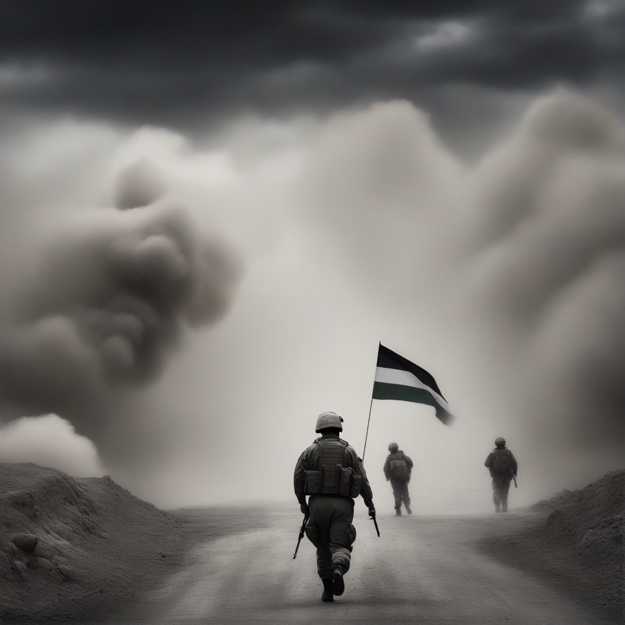 A dramatic  of tconflict between Palestine and Israel, (perfectly Palestine flag), hammas Soldier,focusing on the hope for peace amidst tensions. Depict key elements such as clashes, diplomatic obstacles, conflict-atmospheric composition, craters,  corpses,  explosions, artillery,  explosions,  smoke,  dirt,  dark skies,  Frostbite, Barbed wire,  Dank,  Stench of decay, Acrid taste, Screams,  Discordant,  Numbness, Disillusionment,  Radial balance,  Triadic,  in the style of dark,  (ultra detailed),  intricate,  (surrealism)