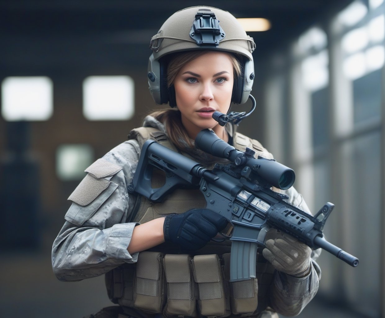  Portrait of woman special force soldier,best quality, ultra high res, Highly detailed,
165cm height, 50KG weight,
((deep backgound is attack helicopter, helicopter gunship, aircraft hangar, airport, airplane, fighter, pilots)):1.5,
((she is staying with military robotics, metal artillery shell, bullets, flash bomb, shock bomb, artillery, Ammunition Depot)):1.5,
(smirk:1.1), short hair, gray camouflageite hood, gray camouflageite cloak, light armor,
big hazel eyes, beautiful detailed eyes,serious expression,face highlight, detailed face,
Broad lighting,Aperture-priority,Bokeh,,
(holding weapon, aiming at viewer, assault rifle,left view), m4_carbine, carbine, open fire, firing,((tactical magazine:1.2)), tactical barrel, Lancer Tactical 2x optic scope,((tactical silencer:1.2)),(tactical shoulder stock),(tactical gun stock),:1.2,
looking at viewer,cinematic lighting, depth of field, lens flare, photon mapping, radiosity, physically-based rendering, pale skin,
she has some dust dirt on skin and clothes, parts,Hand guard, Shoulder brace,Elbow guard, Wristlet,Leggings,tactics trousers,tactics watch,photo realistic