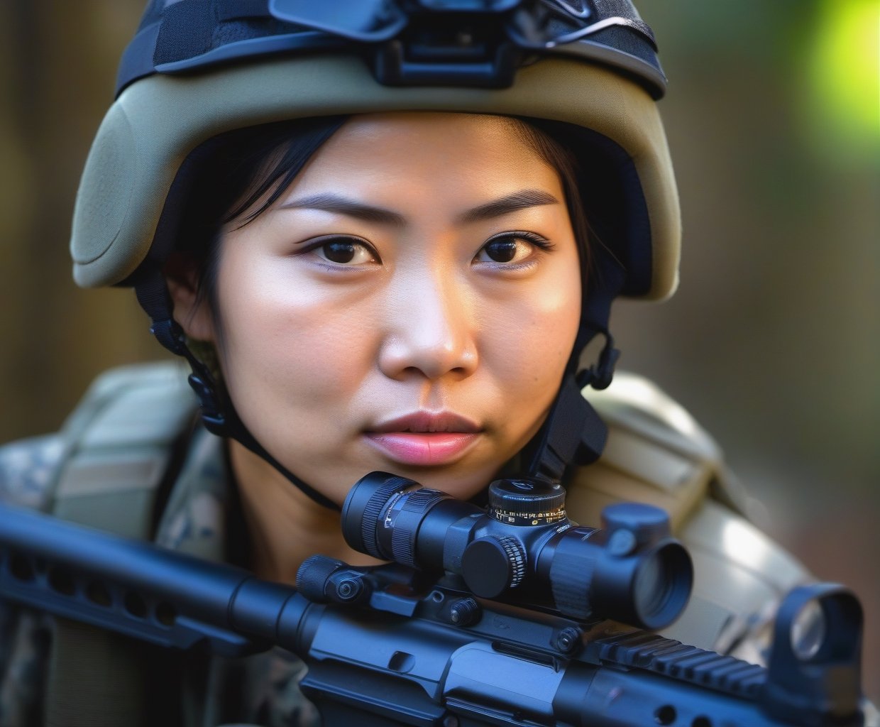  Portrait of Asian Javanese woman special force soldier, shoot with Canon 100mm, F11, best quality, ultra high res, Highly detailed, face detailed, all detailed, detailed finger,
((deep backgound is attack)) (Spetsnaz camouflage)
(smirk:1.1), short hair, gray camouflageite hood, light armor,
big hazel eyes, beautiful detailed eyes,serious expression,face highlight, detailed face,
Broad lighting,Aperture-priority,Bokeh,,
(holding weapon, aiming at viewer, assault rifle,left view), m4_carbine, carbine, open fire, firing,((tactical magazine:1.2)), tactical barrel, Lancer Tactical 2x optic scope,((tactical silencer:1.2)),(tactical shoulder stock),(tactical gun stock),:1.2,
looking at viewer,cinematic lighting, depth of field, lens flare, photon mapping, radiosity, physically-based rendering, pale skin,
she has some dust dirt on skin and clothes, parts,Hand guard, Shoulder brace,Elbow guard, Wristlet,Leggings,tactics trousers,tactics watch,photo realistic