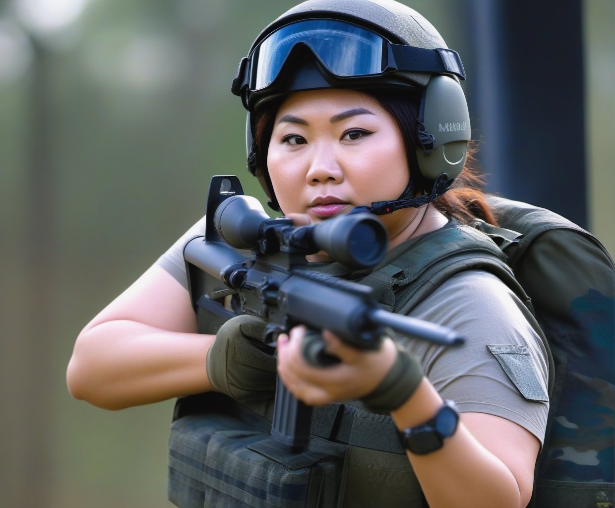  Portrait of Asian chubby woman special force soldier, shoot with Canon 100mm, F11, best quality, ultra high res, Highly detailed, face detailed, all detailed
((deep backgound is attack helicopter, helicopter gunship, aircraft hangar, airport, airplane, fighter, pilots)):1.5,
((she is staying with flash bomb, shock bomb, artillery, Ammunition Depot)):1.5,
(smirk:1.1), short hair, gray camouflageite hood, gray camouflageite cloak, light armor,
big hazel eyes, beautiful detailed eyes,serious expression,face highlight, detailed face,
Broad lighting,Aperture-priority,Bokeh,,
(holding weapon, aiming at viewer, assault rifle,left view), m4_carbine, carbine, open fire, firing,((tactical magazine:1.2)), tactical barrel, Lancer Tactical 2x optic scope,((tactical silencer:1.2)),(tactical shoulder stock),(tactical gun stock),:1.2,
looking at viewer,cinematic lighting, depth of field, lens flare, photon mapping, radiosity, physically-based rendering, pale skin,
she has some dust dirt on skin and clothes, parts,Hand guard, Shoulder brace,Elbow guard, Wristlet,Leggings,tactics trousers,tactics watch,photo realistic