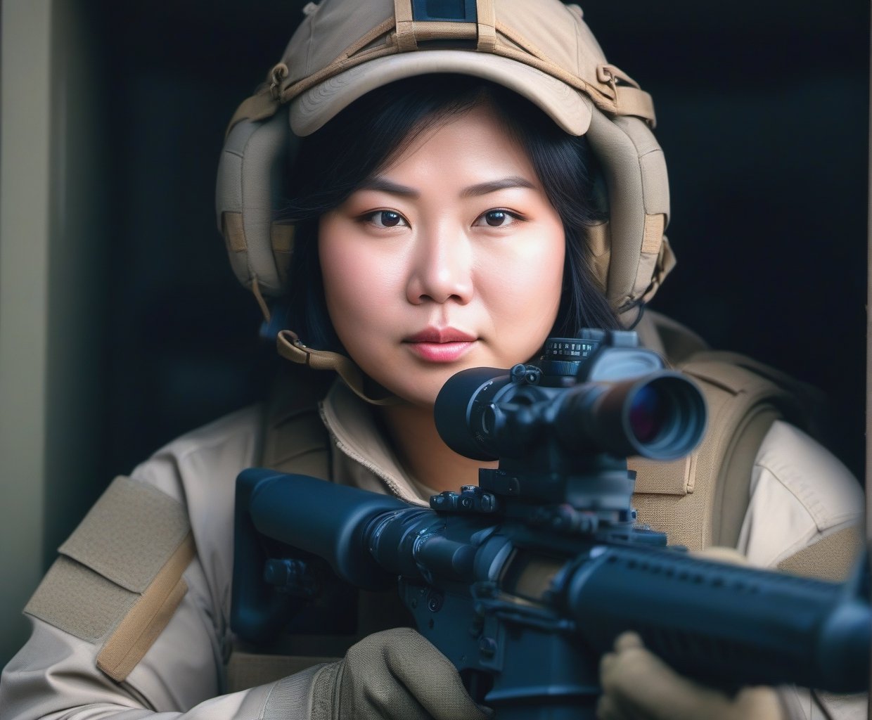  Portrait of Asian chubby woman special force soldier, shoot with Canon 1000mm, F11, best quality, ultra high res, Highly detailed, face detailed, all detailed
((deep backgound is attack helicopter, helicopter gunship, aircraft hangar, airport, airplane, fighter, pilots)):1.5,
((she is staying with flash bomb, shock bomb, artillery, Ammunition Depot)):1.5,
(smirk:1.1), short hair, gray camouflageite hood, gray camouflageite cloak, light armor,
big hazel eyes, beautiful detailed eyes,serious expression,face highlight, detailed face,
Broad lighting,Aperture-priority,Bokeh,,
(holding weapon, aiming at viewer, assault rifle,left view), m4_carbine, carbine, open fire, firing,((tactical magazine:1.2)), tactical barrel, Lancer Tactical 2x optic scope,((tactical silencer:1.2)),(tactical shoulder stock),(tactical gun stock),:1.2,
looking at viewer,cinematic lighting, depth of field, lens flare, photon mapping, radiosity, physically-based rendering, pale skin,
she has some dust dirt on skin and clothes, parts,Hand guard, Shoulder brace,Elbow guard, Wristlet,Leggings,tactics trousers,tactics watch,photo realistic