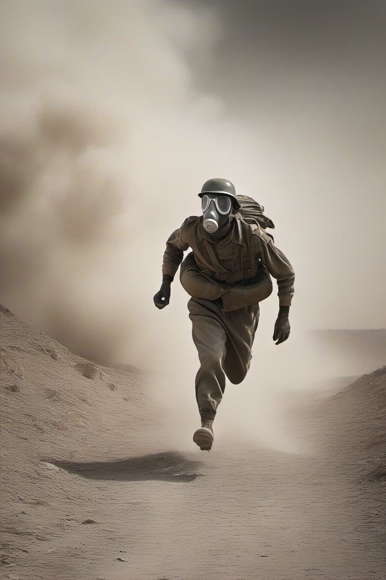 Palestine Soldier of a ger with a gas mask (running on the battlefield), craters, corpses, explosions, (red and white flag), artillery, explosions, smoke, dirt, dark skies, Frostbite,Barbed wire, Dank, Stench of decay,Acrid taste,Screams, Discordant, Numbness,Disillusionment, Radial balance, Triadic, in the style of dark, ultra detailed, intricate, surrealism