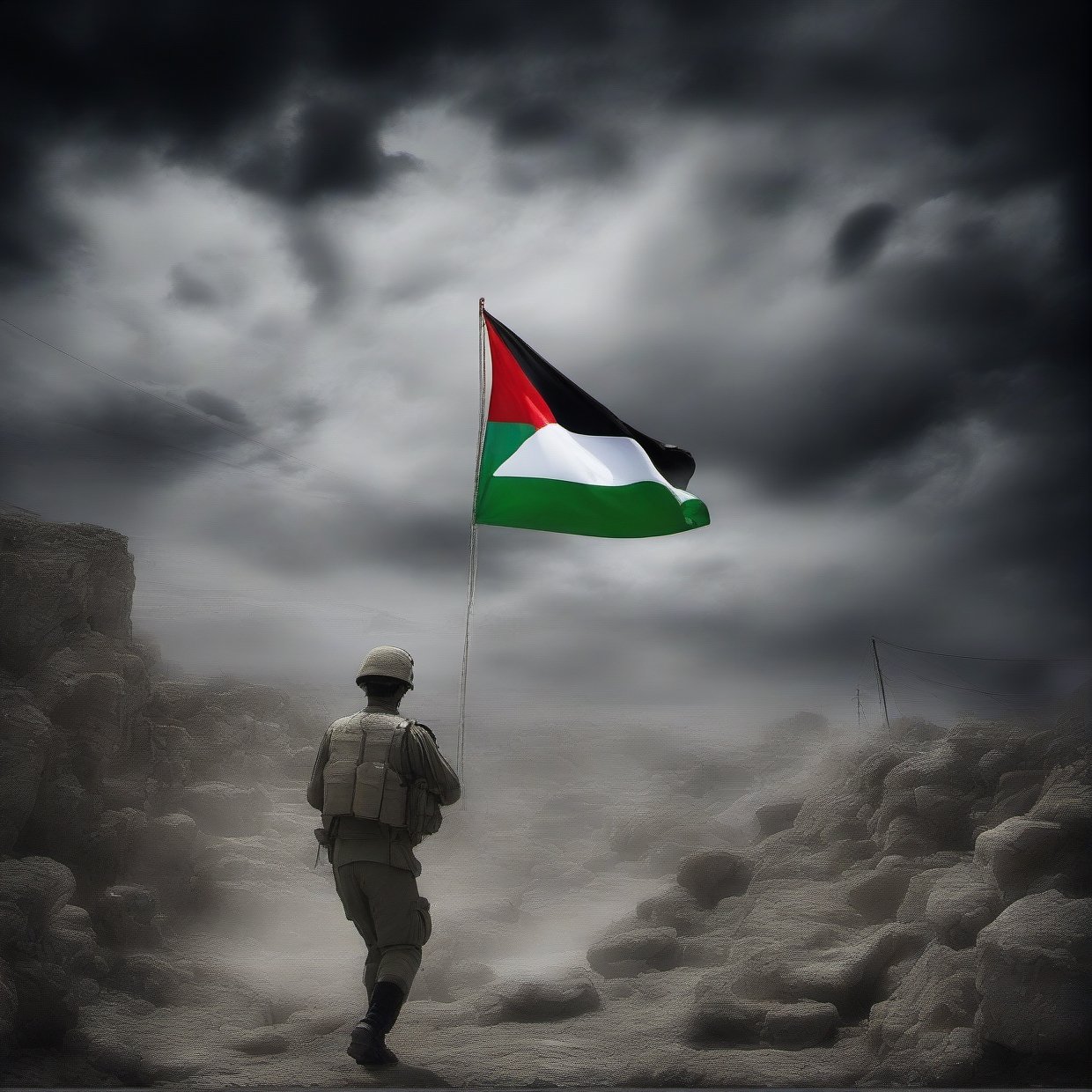 A dramatic  of tconflict between Palestine and Israel, (perfectly Palestine flag), hammas Soldier,focusing on the hope for peace amidst tensions. Depict key elements such as clashes, diplomatic obstacles, conflict-atmospheric composition, craters,  corpses,  explosions, artillery,  explosions,  smoke,  dirt,  dark skies,  Frostbite, Barbed wire,  Dank,  Stench of decay, Acrid taste, Screams,  Discordant,  Numbness, Disillusionment,  Radial balance,  Triadic,  in the style of dark,  (ultra detailed),  intricate,  (surrealism)