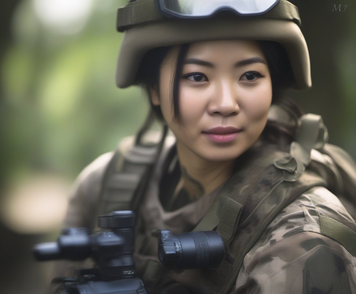 Shoot of Asian Javanese woman special force soldier in action, shoot with Canon 50 mm, F11, best quality, ultra high res, Highly detailed, face detailed, all detailed, detailed finger,
((deep backgound is attack)) (rusian camouflage)
(smirk:1.1), short hair, light armor, beautiful detailed eyes,serious expression,face highlight, detailed face,
Broad lighting,Aperture-priority,Bokeh,
(holding weapon, aiming at viewer, assault rifle,left view), m4_carbine, carbine, open fire, firing,((tactical magazine:1.2)), tactical barrel, Lancer Tactical 2x optic scope,((tactical silencer:1.2)),(tactical shoulder stock),(tactical gun stock),:1.2,
looking at viewer,cinematic lighting, depth of field, lens flare, photon mapping, radiosity, physically-based rendering, pale skin,
she has some dust dirt on skin and clothes, parts,Hand guard, Shoulder brace,Elbow guard, Wristlet,Leggings,tactics trousers,tactics watch,photo realistic,aw0k euphoric style,Movie Still,photo r3al