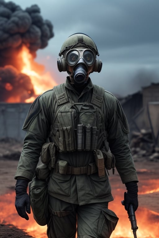 Modern Soldier of a ger with a gas mask (running on the battlefield,craters,corpses,explosions,red and white flag,artillery,explosions,smoke,dirt,dark skies,Frostbite,Barbed wire,Dank,Stench of decay,Acrid taste,Screams,Discordant,Numbness,Disillusionment,Radial balance,Triadic,in the style of dark,ultra detailed,intricate,surrealism