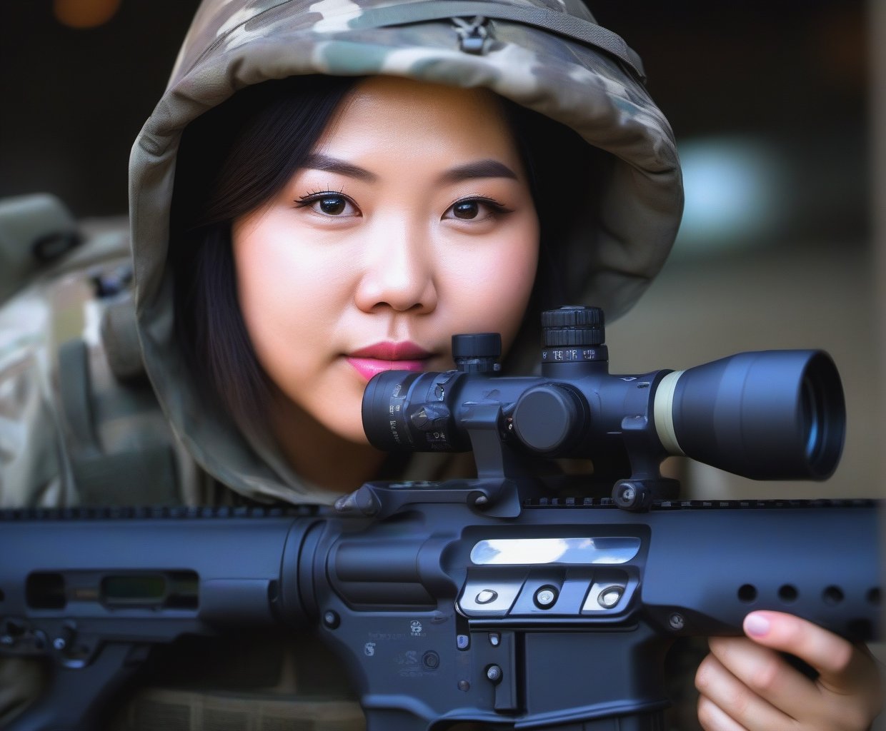  Portrait of Asian chubby woman special force soldier, shoot with Canon 1000mm, F11, best quality, ultra high res, Highly detailed, face detailed, all detailed
((deep backgound is attack helicopter, helicopter gunship, aircraft hangar, airport, airplane, fighter, pilots)):1.5,
((she is staying with military robotics, metal artillery shell, bullets, flash bomb, shock bomb, artillery, Ammunition Depot)):1.5,
(smirk:1.1), short hair, gray camouflageite hood, gray camouflageite cloak, light armor,
big hazel eyes, beautiful detailed eyes,serious expression,face highlight, detailed face,
Broad lighting,Aperture-priority,Bokeh,,
(holding weapon, aiming at viewer, assault rifle,left view), m4_carbine, carbine, open fire, firing,((tactical magazine:1.2)), tactical barrel, Lancer Tactical 2x optic scope,((tactical silencer:1.2)),(tactical shoulder stock),(tactical gun stock),:1.2,
looking at viewer,cinematic lighting, depth of field, lens flare, photon mapping, radiosity, physically-based rendering, pale skin,
she has some dust dirt on skin and clothes, parts,Hand guard, Shoulder brace,Elbow guard, Wristlet,Leggings,tactics trousers,tactics watch,photo realistic