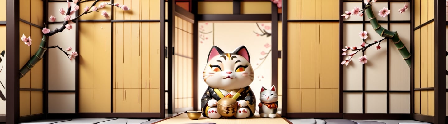 Japanese style, 3d rendering,disney style, no Human, only background, Create a cozy ambiance with warm yellow hues, featuring a traditional Japanese Maneki-neko (beckoning cat) amidst geometric patterns inspired by Japanese design. Incorporate elements like cherry blossoms or bamboo to enhance the Japanese aesthetic.