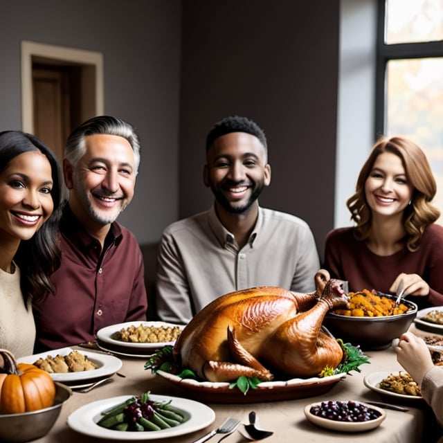 good quality, portrait, people smiling and  enjoying thanksgiving dinner, focus on thanksgiving turkey