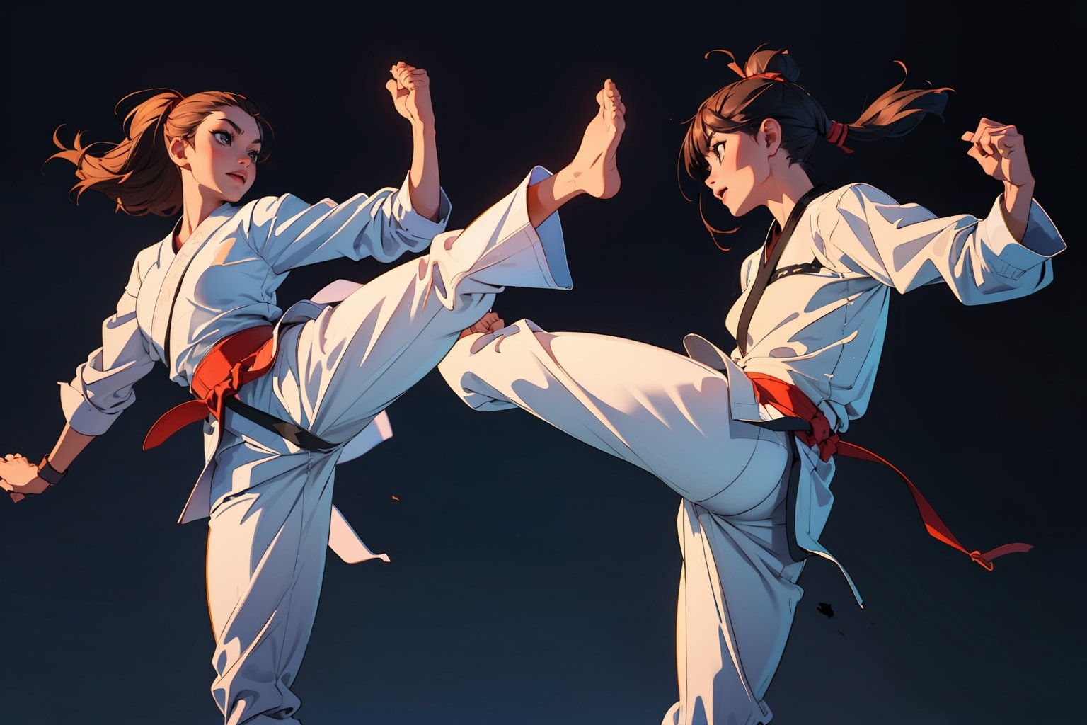 high_res, 2girls, taekwondo, sparring, pubric long black hair, ponytale_hair, wind, white clothes, martial art practise, (((black belt, taekwondo_kicking))), (perfect anatomy, perfect foot, perfect feet), ((Taekgeuk pattern_ background)), bare foot, human body ratio