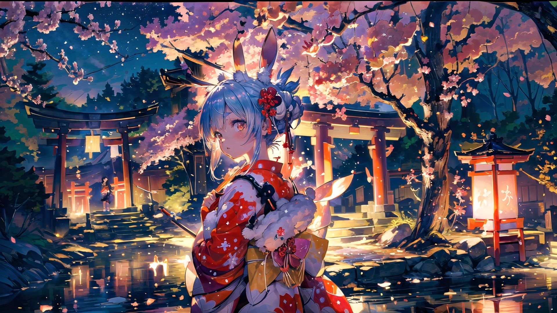 //Quality
(((best quality, 8k wallpaper))), ((detailed eyes, detailed illustration, masterpiece, ultra-detailed)),

//Charater
1girl, solo, usada pekora, 
kimono1, (red kimono:1.5), wearing kimono, wearing new year kimono, 

// Pose
upper body, (dynamic angle), 
looking at viewer, 

// Background
((detailed background)), midjourney, yofukashi background,perfect light, (cherry blossoms), extremely delicate and beautiful, ((background: shrine, night stars iridescent)), ((nightime, detailed stars)), Night view in the shrine, A girl prays in front of a shrine at night, behind her is a row of lanterns and a red torii gate