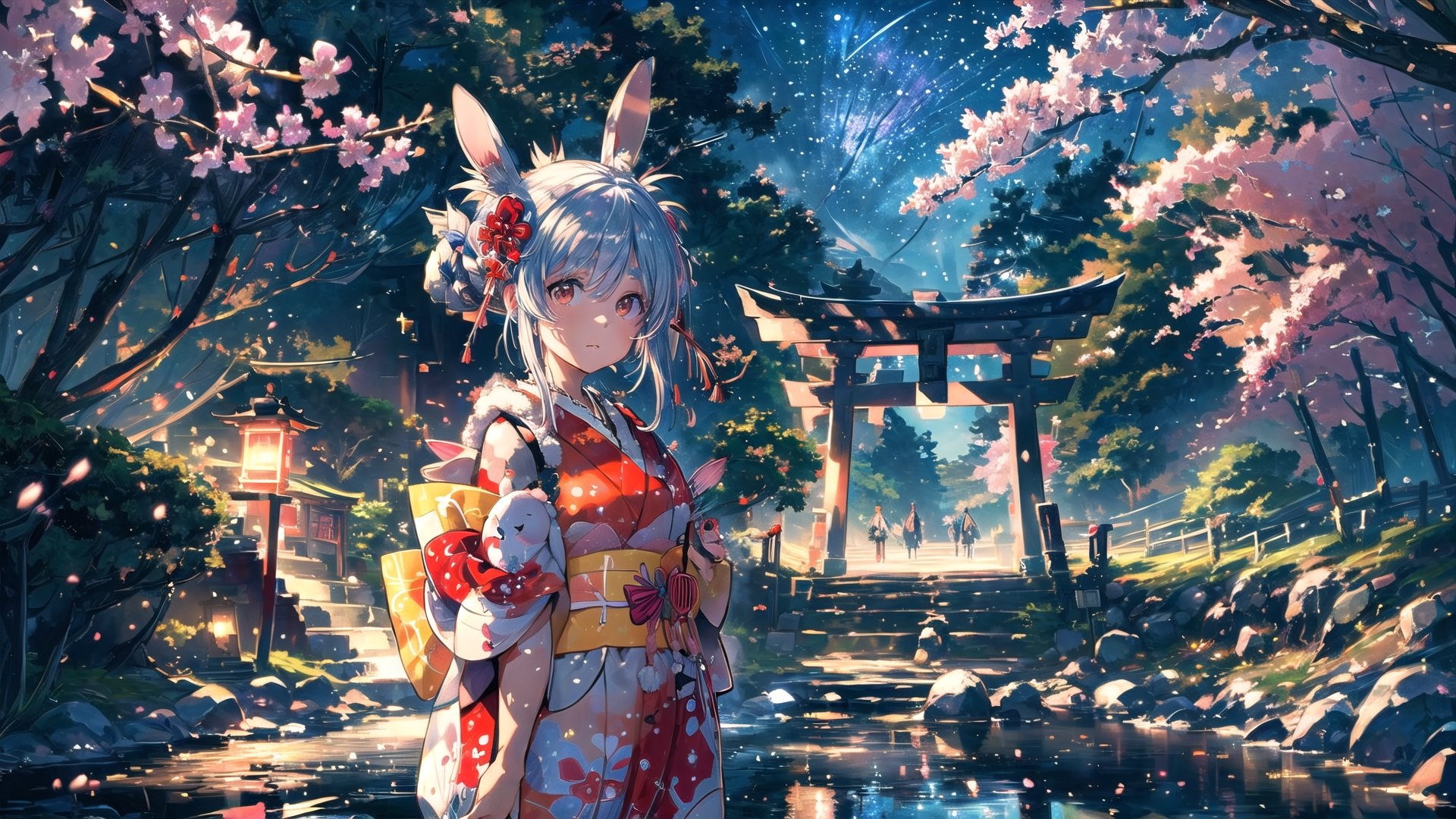 //Quality
(((best quality, 8k wallpaper))), ((detailed eyes, detailed illustration, masterpiece, ultra-detailed)),

//Charater
1girl, solo, usada pekora, 
kimono1, (red kimono:1.5), wearing kimono, wearing new year kimono, 

// Pose
upper body, (dynamic angle), 
looking at viewer, 

// Background
((detailed background)), midjourney, yofukashi background,perfect light, (cherry blossoms), extremely delicate and beautiful, ((background: shrine, night stars iridescent)), ((nightime, detailed stars)), Night view in the shrine, A girl prays in front of a shrine at night, behind her is a row of lanterns and a red torii gate