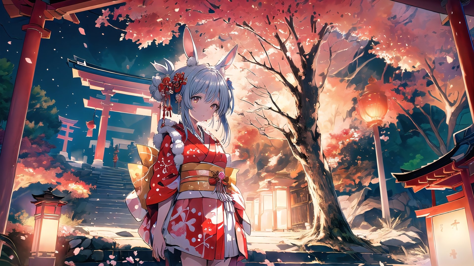 //Quality
(((best quality, 8k wallpaper))), ((detailed eyes, detailed illustration, masterpiece, ultra-detailed)),

//Charater
1girl, solo, usada pekora, 
kimono1, (red kimono:1.5), wearing kimono, wearing new year kimono, 

// Pose
upper body, (dynamic angle), 
looking at viewer, 

// Background
((detailed background)), midjourney, yofukashi background,perfect light, (cherry blossoms), extremely delicate and beautiful, ((background: shrine, night stars iridescent)), ((nightime, detailed stars)), Night view in the shrine, A girl prays in front of a shrine at night, behind her is a row of lanterns and a red torii gate,midjourney,1 girl