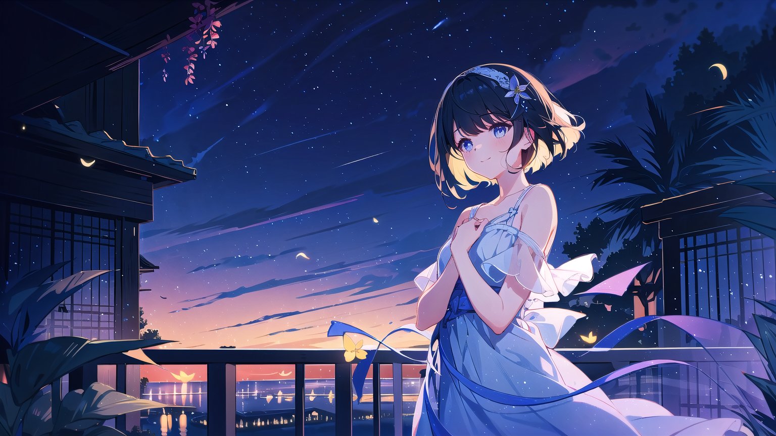 masterpiece, best quality, high quality, extremely detailed CG unity 8k wallpaper, extremely detailed, High Detail, colors, backlight, cute background, dreamy background, ethereal ambiance,

(1girl, solo), looking at viewer, smile, short hair, black hair, hair ornament, dress, flower, outdoors, white dress, own hands together, plant, railing, balcony, (night view:1.5), upper body, standing,

A young girl smiling on a traditional wooden balcony at night, soft warm lighting, greenery in the background, wearing a light-colored dress with a hair accessory, cozy and serene atmosphere, glowing fireflies, starry sky, mystical aura, gently falling petals,