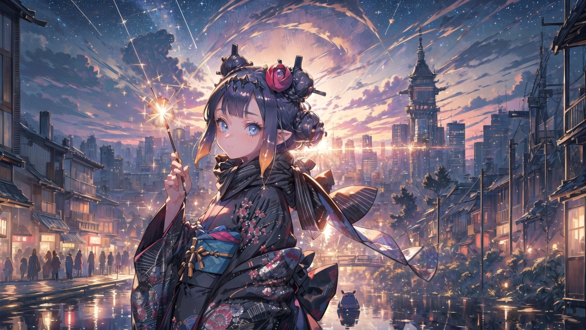 //Quality
(((best quality, 8k wallpaper))), ((detailed eyes, detailed illustration, masterpiece, ultra-detailed)), portrait

//Body
(detailed face, (detailed eyes), detailed skin, detailed hair, detailed fabric, Detailedface),
(beautiful detailed eyes, pretty eyelashes, (shiny eyes), (glossy eyes), reflective eyes, sparkly eyes, sparkles in eyes),

// Charater
1girl, solo, ninomae ina'nis, flat_chest, tiny_chest, (blue eyes), 
wearing kimono, wearing new year kimono,
(inanewyears, haori, print kimono, black scarf, double bun, hair flower,), 

// Pose
upper body, looking at viewer, (facing to viewer, straight-on), 
a girl is standing, a girl with a sparkler in her hand, (a sparkler),
dynamic angle, 

// Background
((detailed background)), reflection, refraction:1.4, ((background: retro city,)), (nightime, detailed stars), Night view in the city, city, skyscrapers, perfect light,
,portrait,octans,mirrornun