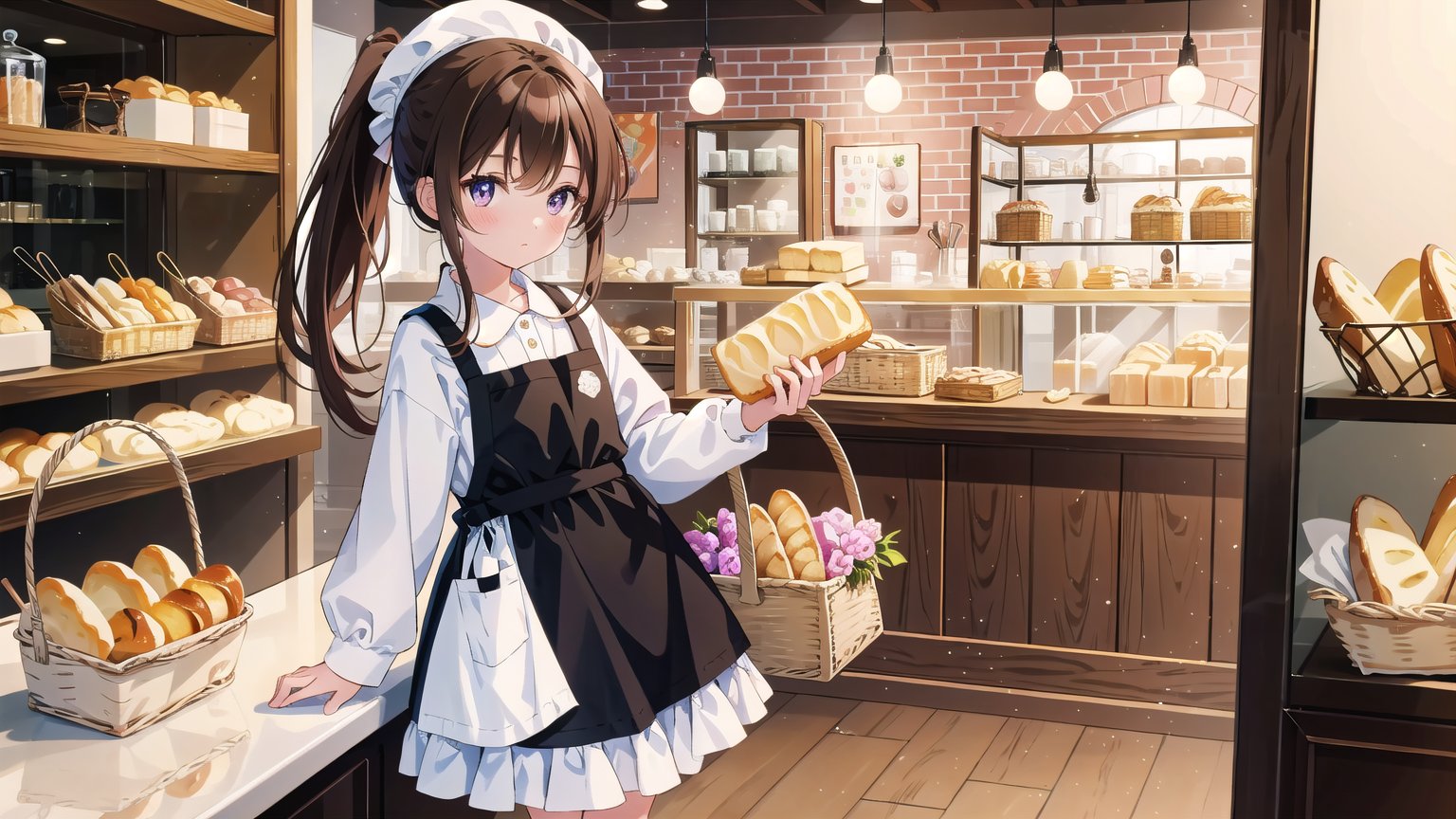 masterpiece, best quality, high quality,extremely detailed CG unity 8k wallpaper, extremely detailed, High Detail, colors, 

(1girl, solo), long hair, looking at viewer, bangs, brown hair, long sleeves, holding, brown eyes, full body, ponytail, food, shoes, socks, indoors, black footwear, apron, white socks, basket, head scarf, 

a young girl wearing a pink apron and white long-sleeve shirt, with a white cloth hat on her head, holding a basket of bread, next to a glass display case in a bakery, cute and focused expression,girl,