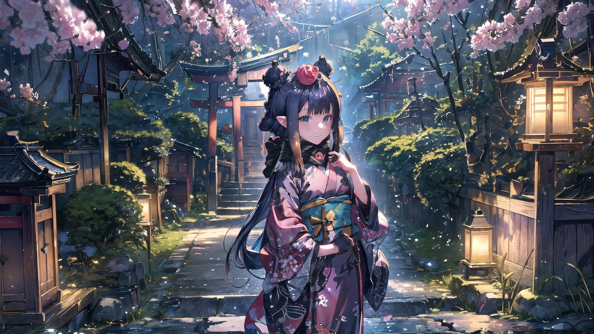 //Quality
(((best quality, 8k wallpaper))), ((detailed eyes, detailed illustration, masterpiece, ultra-detailed)),

//Charater
1girl, solo, ninomae ina'nis, flat_chest, tiny_chest,
inanewyears, haori, print kimono, black scarf, double bun, hair flower

// Background
((detailed background)), midjourney, yofukashi background,perfect light, (cherry blossoms), extremely delicate and beautiful, ((background: shrine, night stars iridescent)), ((nightime, detailed stars)), Night view in the shrine, A girl prays in front of a shrine at night, behind her is a row of lanterns and a red torii gate