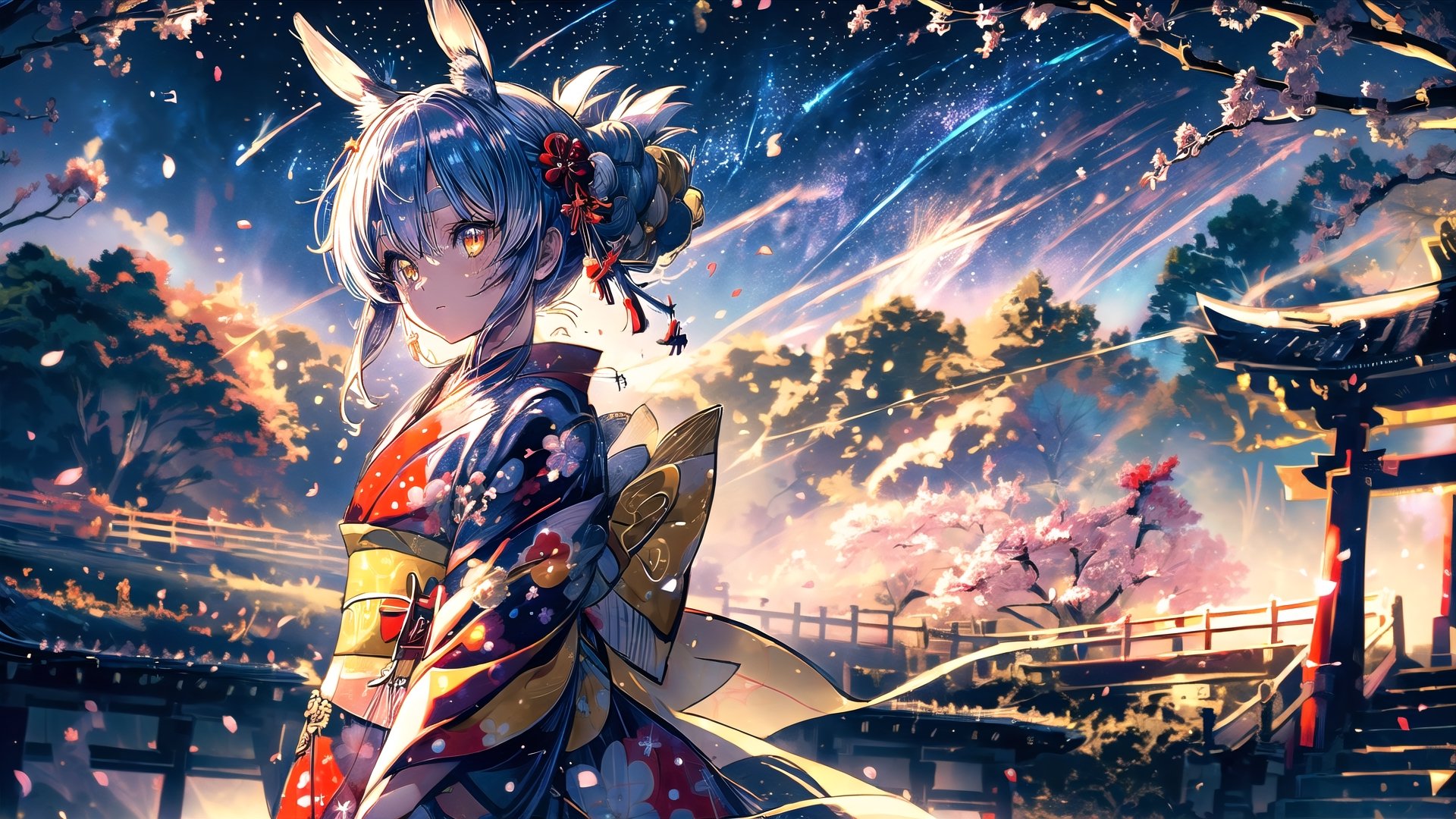 	

//Quality
(((best quality, 8k wallpaper))), ((detailed eyes, detailed illustration, masterpiece, ultra-detailed)),

//Body
(detailed face, (detailed eyes), detailed skin, detailed hair, detailed fabric),
(beautiful detailed eyes, pretty eyelashes, (shiny eyes)), (glossy eyes))), reflective eyes, sparkly eyes, sparkles in eyes),

//Charater
1girl, solo, usada pekora, 
kimono1, (red kimono:1.5), wearing kimono, wearing new year kimono, (Golden yellow eyes:1.5).

// Pose
upper body, looking at viewer, 
dynamic angle, (long shot)

// Background
((detailed background)), midjourney, yofukashi background, (perfect light, cinematic lighting, extreme light and shadow effects), (cherry blossoms, petals floating in the wind,), extremely delicate and beautiful, ((background: shrine, night stars iridescent)), ((nightime, detailed stars, starry sky,)), Night view in the shrine, A girl prays in front of a shrine at night behind her is a row of lanterns and a red torii gate, ,Detailedface,perfect light,More Detail,portrait