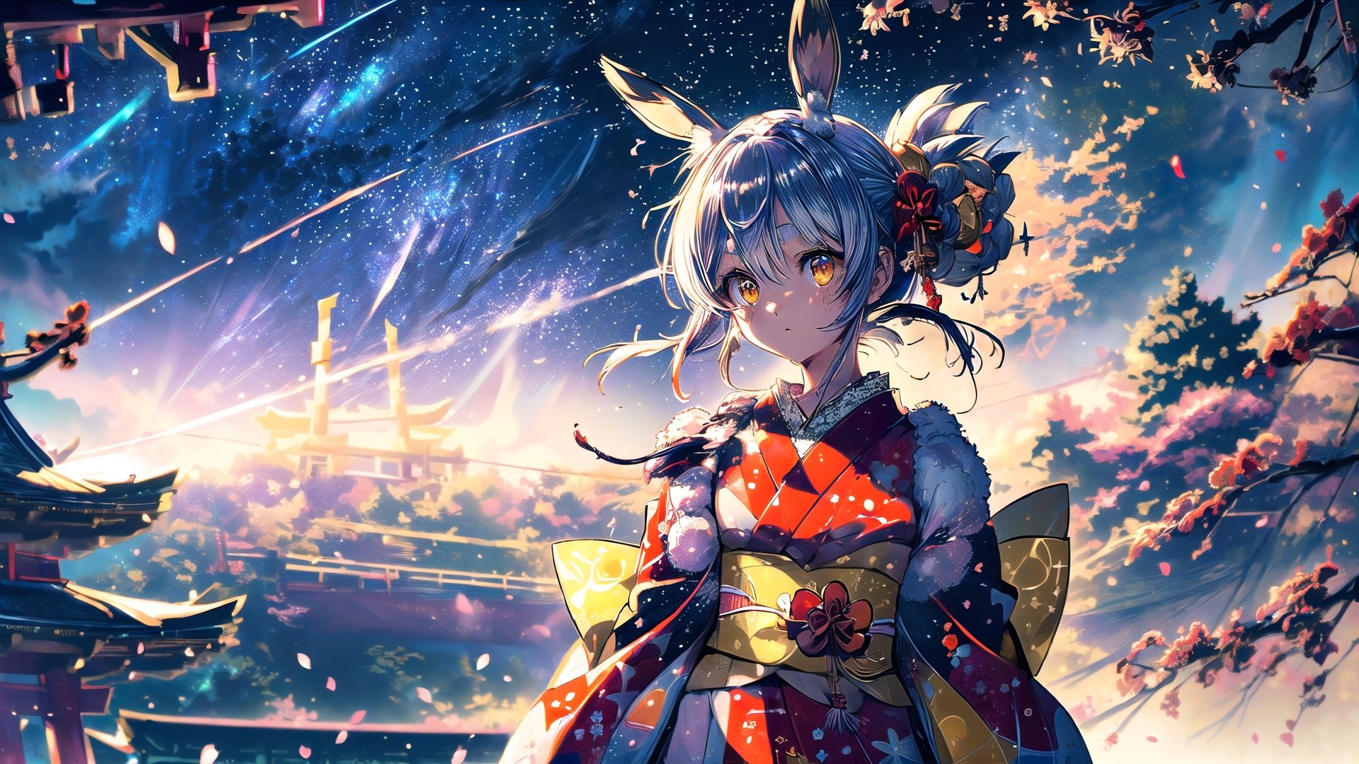 	

//Quality
(((best quality, 8k wallpaper))), ((detailed eyes, detailed illustration, masterpiece, ultra-detailed)),

//Body
(detailed face, (detailed eyes), detailed skin, detailed hair, detailed fabric),
(beautiful detailed eyes, pretty eyelashes, (shiny eyes)), (glossy eyes))), reflective eyes, sparkly eyes, sparkles in eyes),

//Charater
1girl, solo, usada pekora, 
kimono1, (red kimono:1.5), wearing kimono, wearing new year kimono, (Golden yellow eyes:1.5).

// Pose
upper body, looking at viewer, 
dynamic angle, (long shot)

// Background
((detailed background)), midjourney, yofukashi background, (perfect light, cinematic lighting, extreme light and shadow effects), (cherry blossoms, petals floating in the wind,), extremely delicate and beautiful, ((background: shrine, night stars iridescent)), ((nightime, detailed stars, starry sky,)), Night view in the shrine, A girl prays in front of a shrine at night behind her is a row of lanterns and a red torii gate, ,Detailedface,perfect light,More Detail,portrait