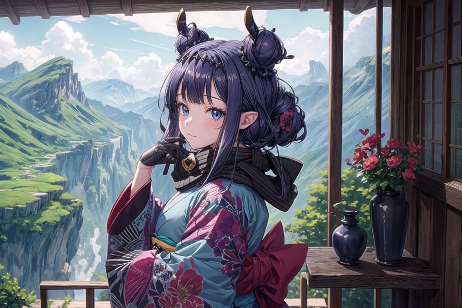 //Quality
(((best quality, 8k wallpaper))), ((detailed eyes, detailed illustration, masterpiece, ultra-detailed)),

//Charater
1girl, solo, ninomae ina'nis, bangs, inanewyears, haori, print kimono, black scarf, double bun, hair flower

// Pose
profile, in_profile, upper body, (dynamic angle), 

// Background
balcony scenery, blue cloudy sky scenery, plants and flowers, mountains scenery