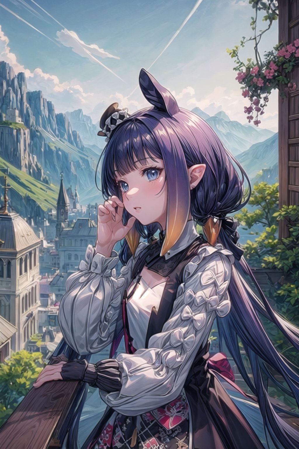 //Quality
(((best quality, 8k wallpaper))), ((detailed eyes, detailed illustration, masterpiece, ultra-detailed)),

//Charater
1girl, solo, ninomae ina'nis, bangs, inacolorful, multicolored clothes, mini hat

// Pose
profile, in_profile, upper body, (dynamic angle), 

// Background
balcony scenery, blue cloudy sky scenery, plants and flowers, mountains scenery
