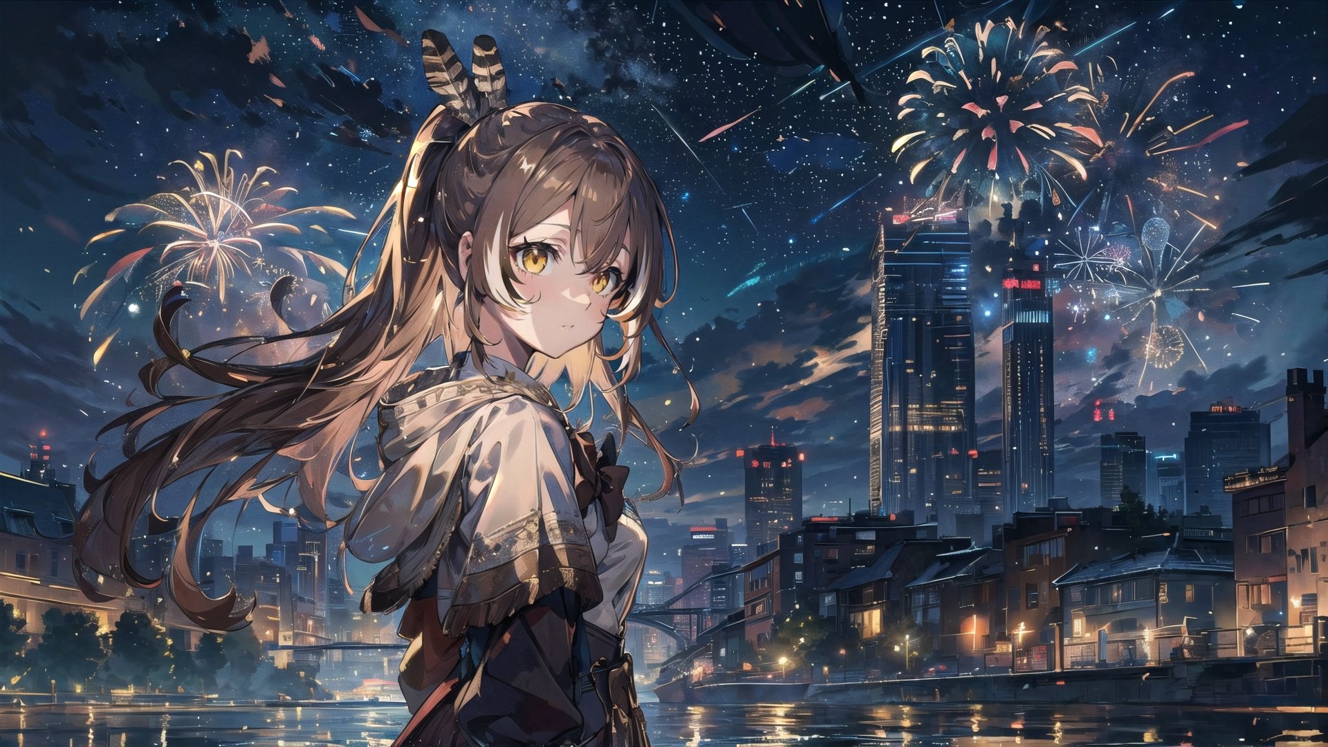 //Quality
(((best quality, 8k wallpaper))), ((detailed eyes, detailed illustration, masterpiece, ultra-detailed)),

//Body
(detailed face, (detailed eyes), detailed skin, detailed hair, detailed fabric),
(beautiful detailed eyes, pretty eyelashes, (shiny eyes)), (glossy eyes))), reflective eyes, sparkly eyes, sparkles in eyes),

// Charater
1girl, solo, Nanashi Mumei, (brown hairs), 
mumeidef,

// Pose
looking at viewer, 
dynamic angle, full-body picture, upper body, a girl is standing, 

// Background, 
((detailed background)), reflection, refraction:1.4, (background: retro city,), (nightime, detailed stars), Night view in the city, city, (firework, colorful firework:1.1), skyscrapers, by the river, on the other side of the river are skyscrapers, perfect light, ,Detailedface, ,portrait