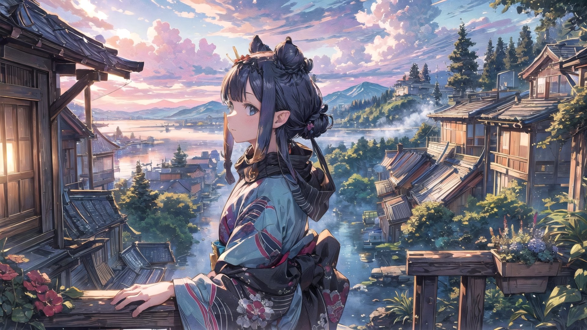 //Quality
(((best quality, 8k wallpaper))), ((detailed eyes, detailed illustration, masterpiece, ultra-detailed)),

//Charater
1girl, solo, ninomae ina'nis, flat_chest, tiny_chest, inanewyears, haori, print kimono, black scarf, double bun, hair flower

// Pose
profile, in_profile, upper body, (dynamic angle), 

// Background
balcony scenery, blue cloudy sky scenery, plants and flowers, mountains scenery,More Detail,perfect light,High detailed 