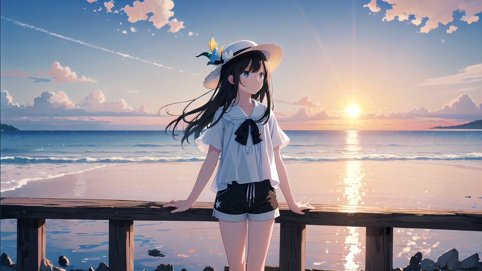 masterpiece, best quality, high quality, extremely detailed CG unity 8k wallpaper, extremely detailed, High Detail, vibrant, colors, backlight, ethereal, dreamy, soft lighting,

(1girl, solo), shirt, black hair, hat, white shirt, outdoors, sky, shorts, water, ocean, white headwear, black shorts, sun hat, sunset, photo background,

A girl standing by the sea during sunset, wearing a white lightweight blouse and black shorts, with a white wide-brimmed straw hat, The background features a calm ocean with multiple boats anchored in the distance, and the sky displaying a beautiful gradient from orange to blue, surrounded by soft clouds and gentle light reflections on the water, giving a serene and magical atmosphere,